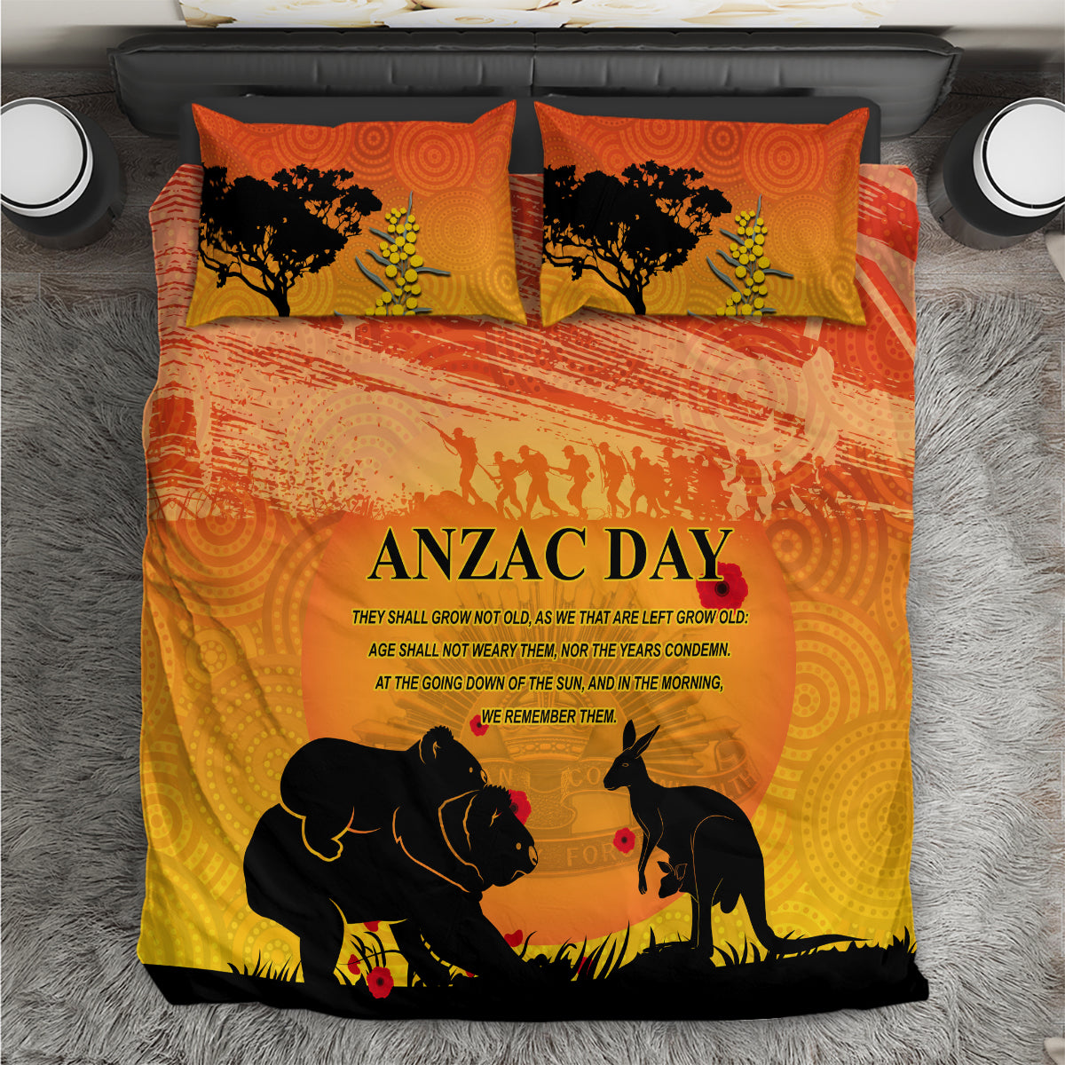 Australia ANZAC Day Bedding Set Koala and Kangaroo Respect Aboriginal Pattern - Vibe Hoodie Shop