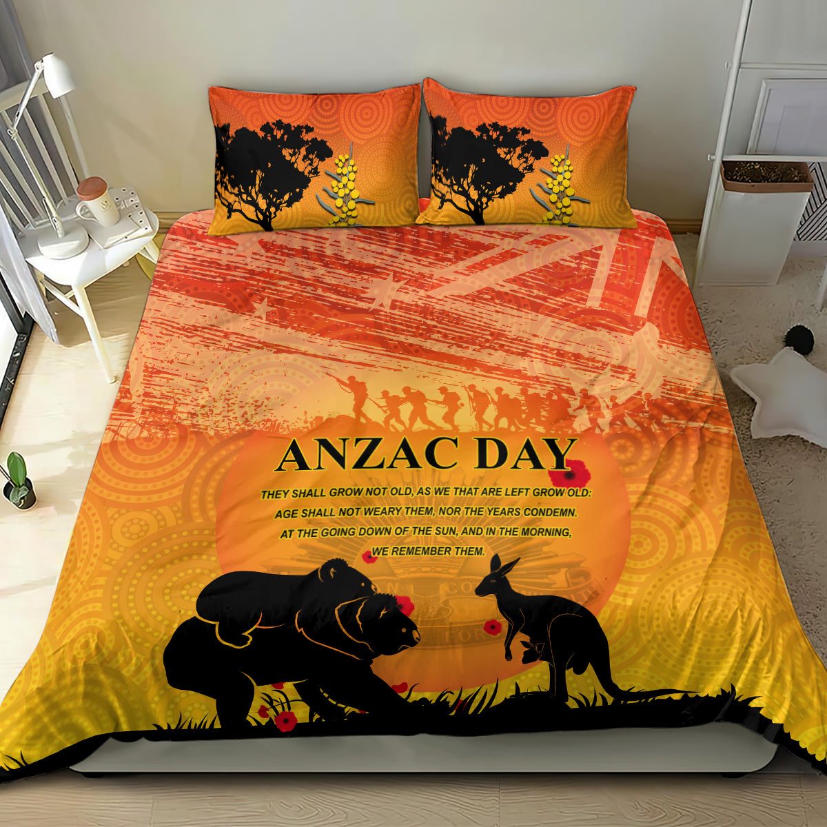 Australia ANZAC Day Bedding Set Koala and Kangaroo Respect Aboriginal Pattern - Vibe Hoodie Shop