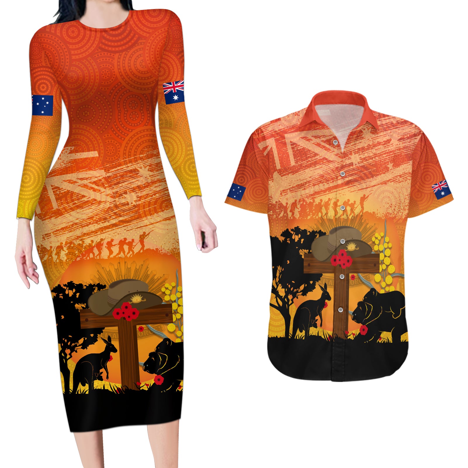 Australia ANZAC Day Couples Matching Long Sleeve Bodycon Dress and Hawaiian Shirt Koala and Kangaroo Respect Aboriginal Pattern