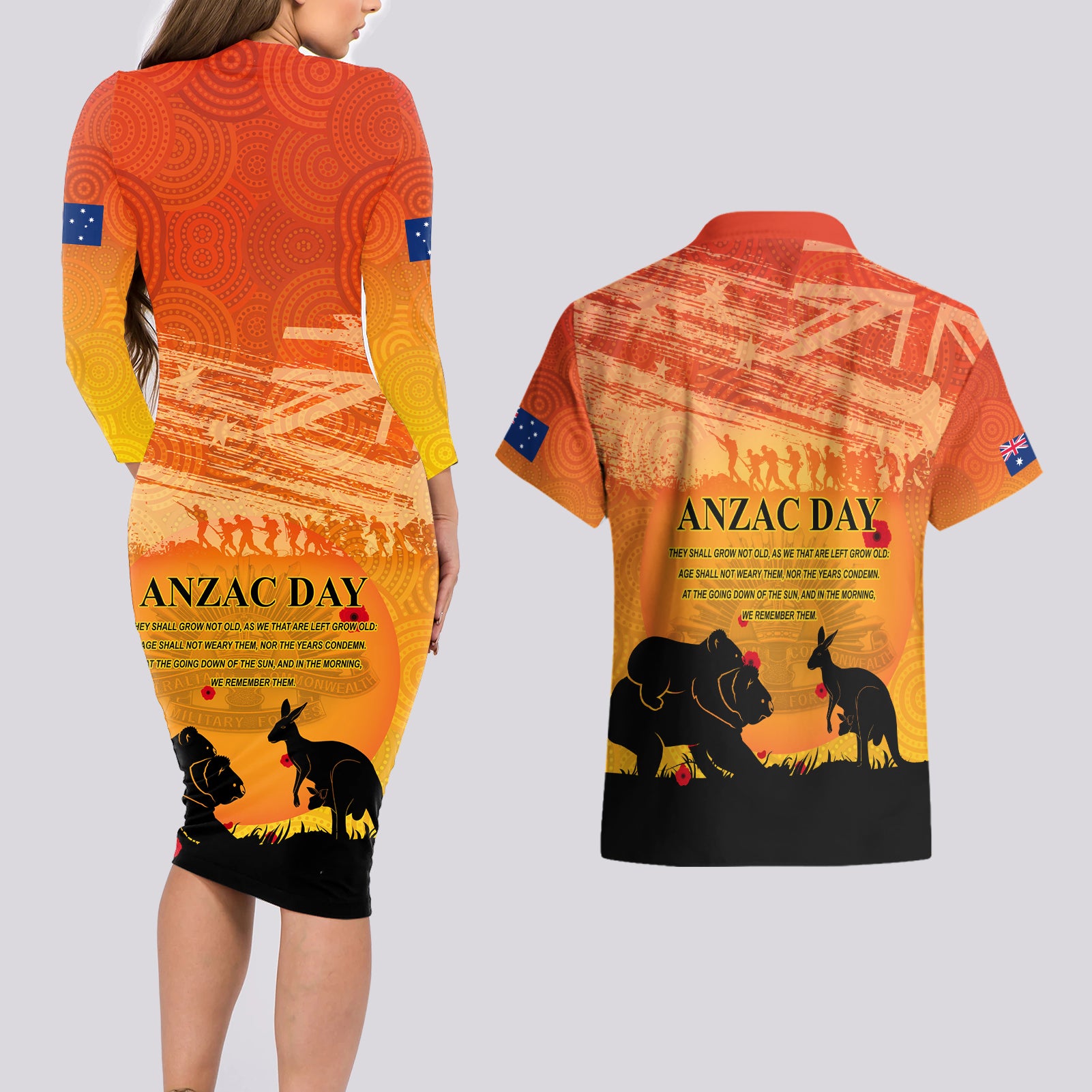 Australia ANZAC Day Couples Matching Long Sleeve Bodycon Dress and Hawaiian Shirt Koala and Kangaroo Respect Aboriginal Pattern