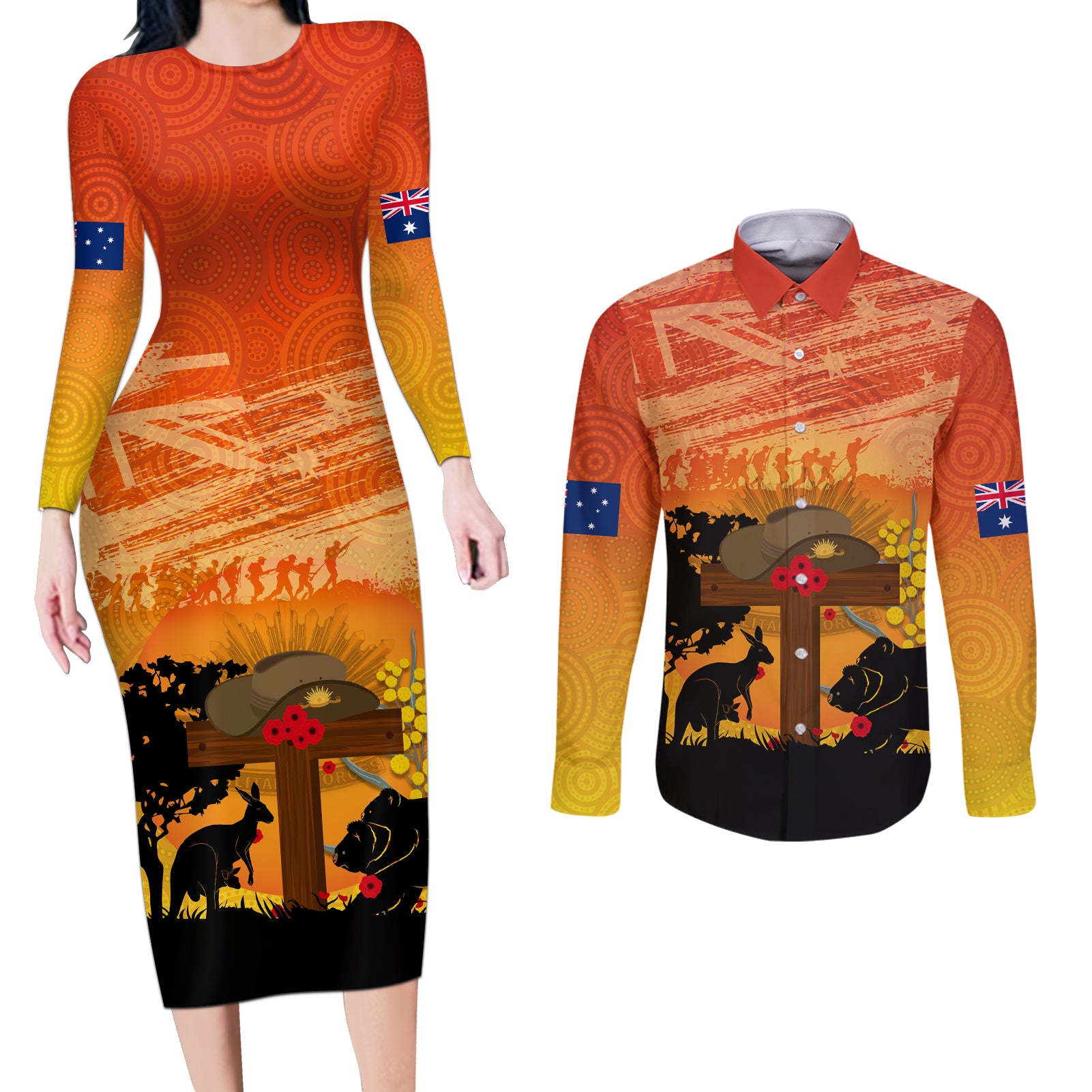 Australia ANZAC Day Couples Matching Long Sleeve Bodycon Dress and Long Sleeve Button Shirt Koala and Kangaroo Respect Aboriginal Pattern