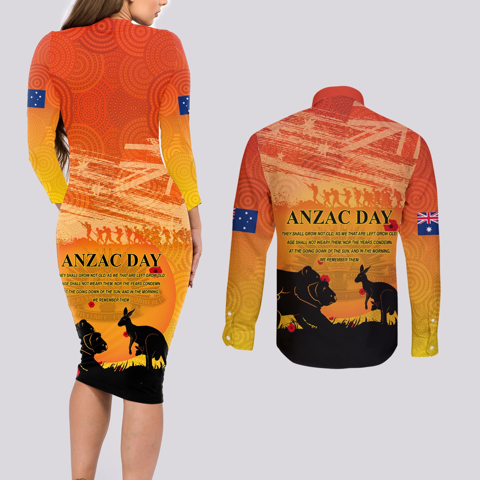 Australia ANZAC Day Couples Matching Long Sleeve Bodycon Dress and Long Sleeve Button Shirt Koala and Kangaroo Respect Aboriginal Pattern