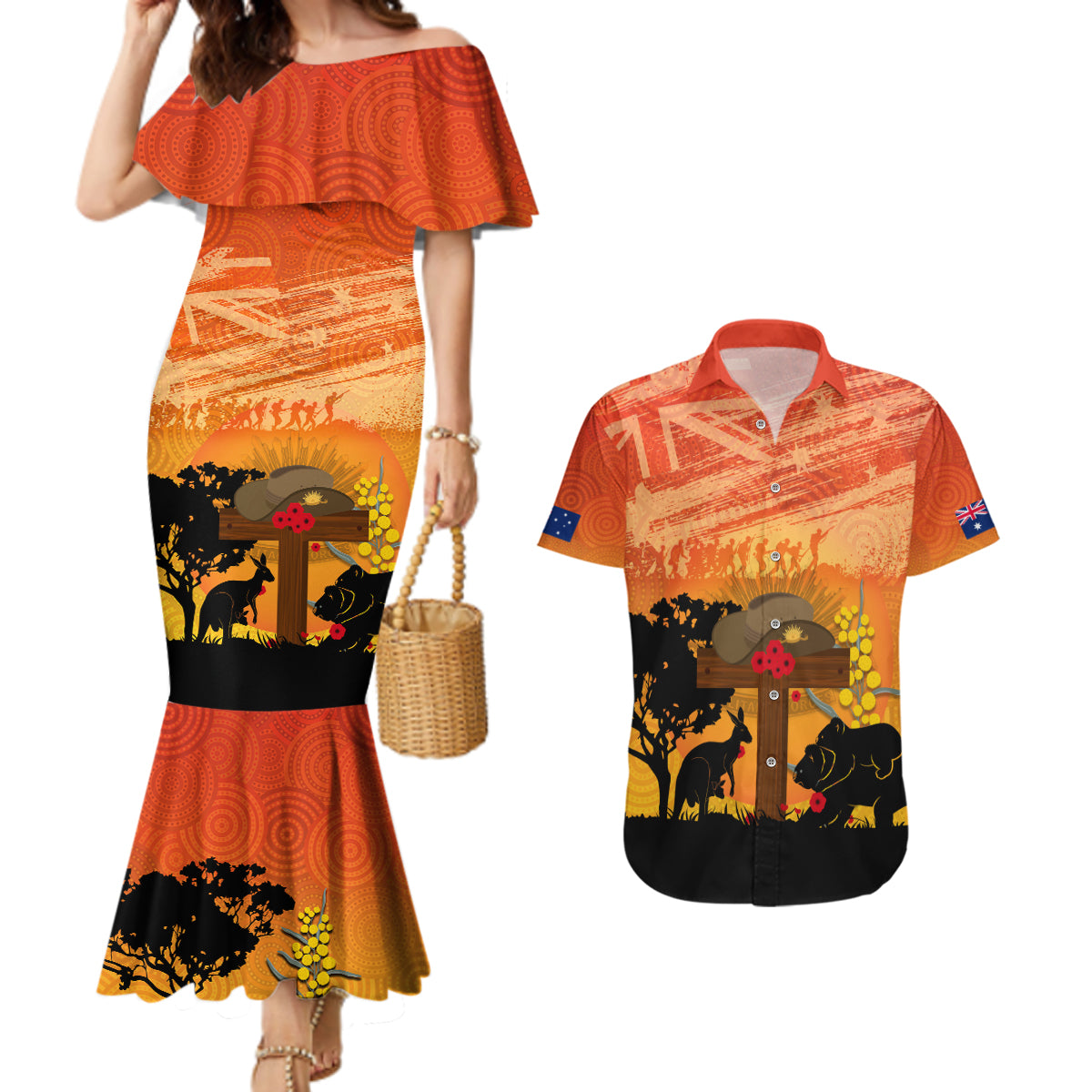 Australia ANZAC Day Couples Matching Mermaid Dress and Hawaiian Shirt Koala and Kangaroo Respect Aboriginal Pattern
