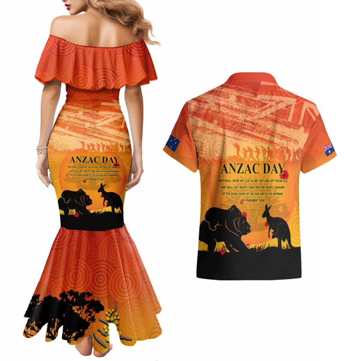 Australia ANZAC Day Couples Matching Mermaid Dress and Hawaiian Shirt Koala and Kangaroo Respect Aboriginal Pattern