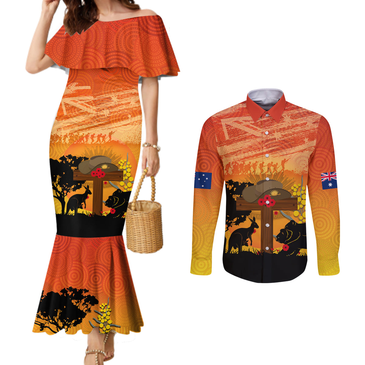 Australia ANZAC Day Couples Matching Mermaid Dress and Long Sleeve Button Shirt Koala and Kangaroo Respect Aboriginal Pattern