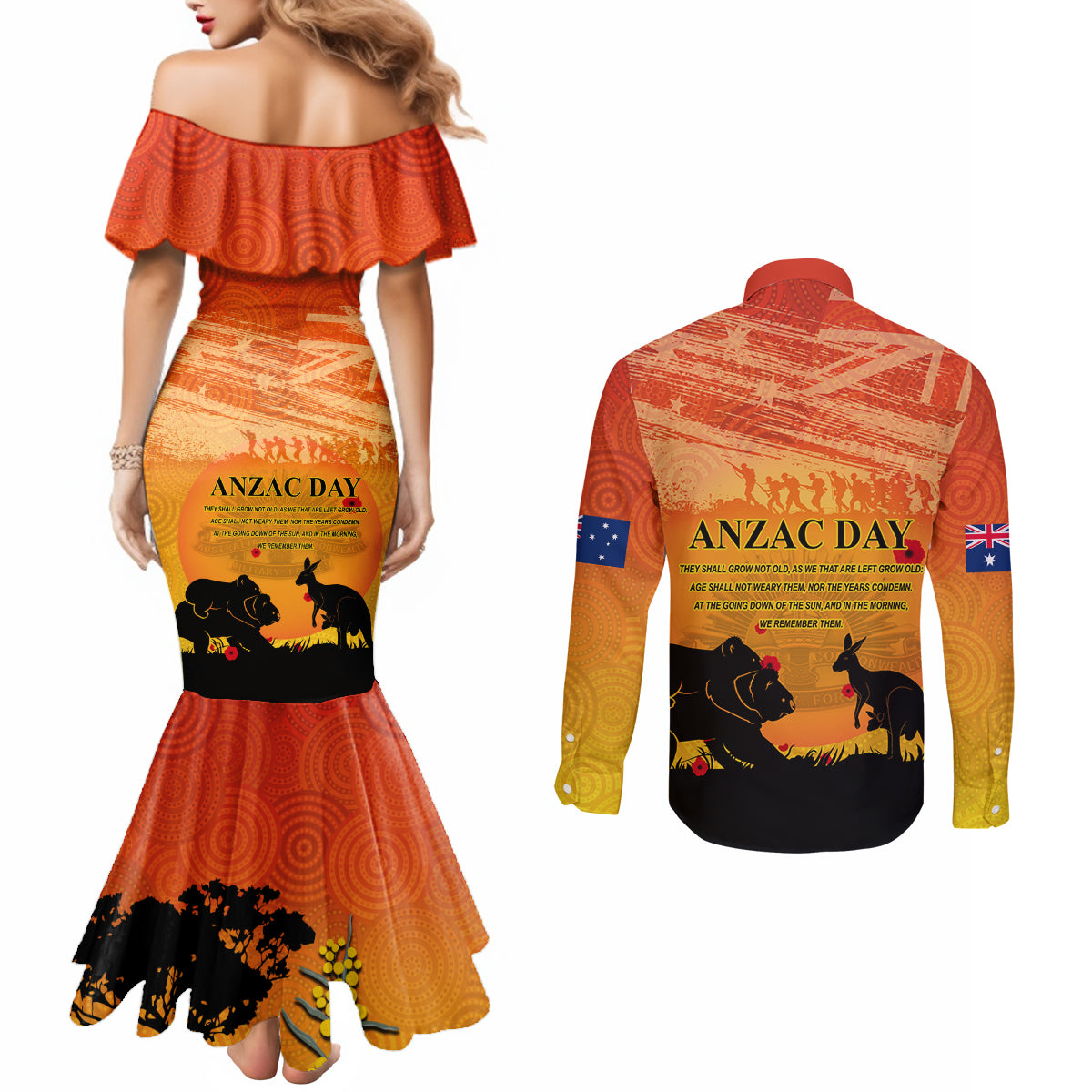 Australia ANZAC Day Couples Matching Mermaid Dress and Long Sleeve Button Shirt Koala and Kangaroo Respect Aboriginal Pattern