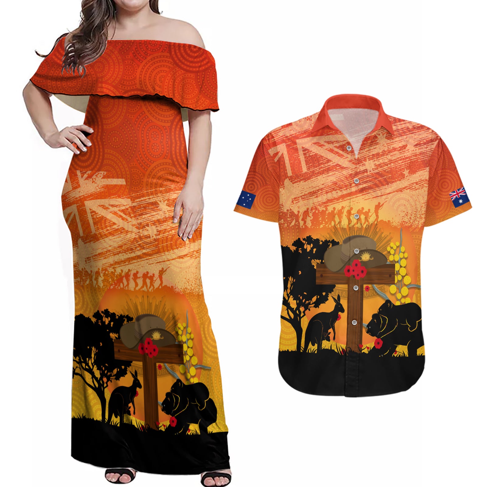 Australia ANZAC Day Couples Matching Off Shoulder Maxi Dress and Hawaiian Shirt Koala and Kangaroo Respect Aboriginal Pattern
