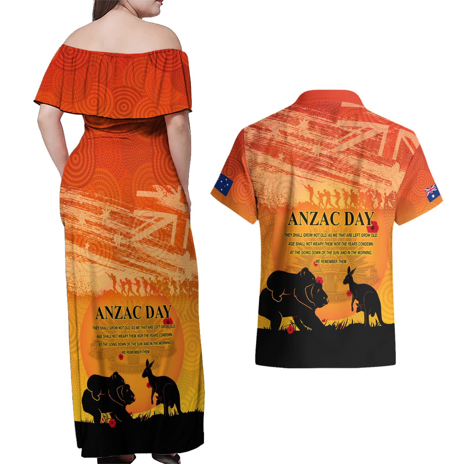 Australia ANZAC Day Couples Matching Off Shoulder Maxi Dress and Hawaiian Shirt Koala and Kangaroo Respect Aboriginal Pattern