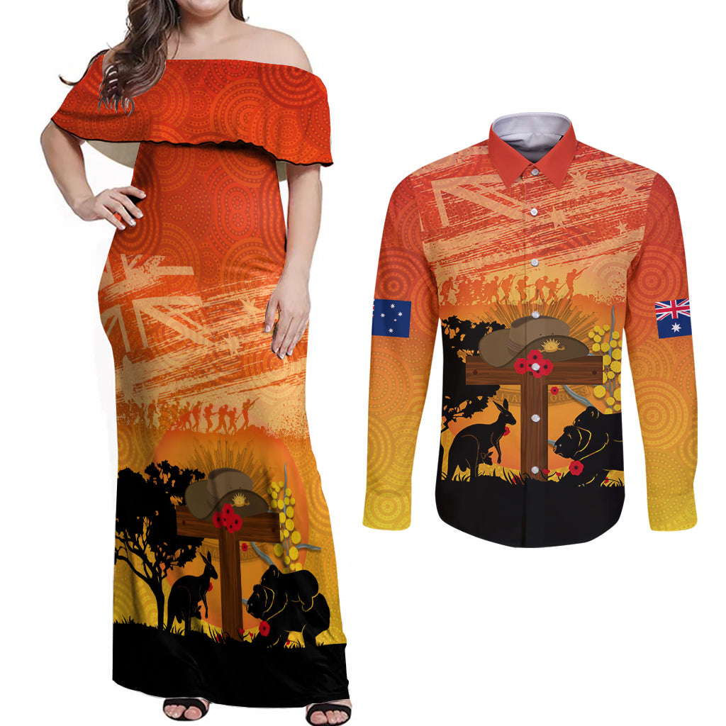 Australia ANZAC Day Couples Matching Off Shoulder Maxi Dress and Long Sleeve Button Shirt Koala and Kangaroo Respect Aboriginal Pattern