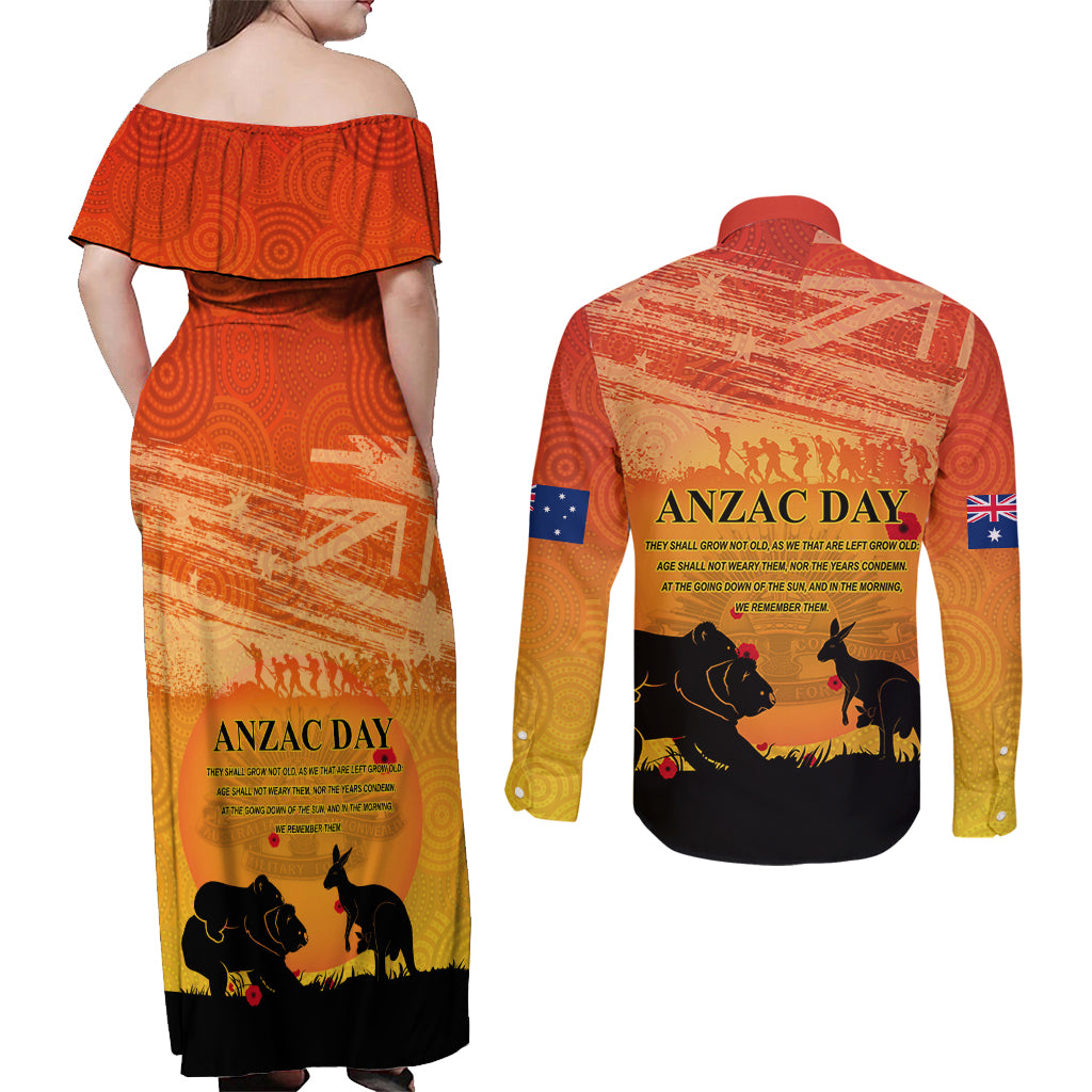 Australia ANZAC Day Couples Matching Off Shoulder Maxi Dress and Long Sleeve Button Shirt Koala and Kangaroo Respect Aboriginal Pattern