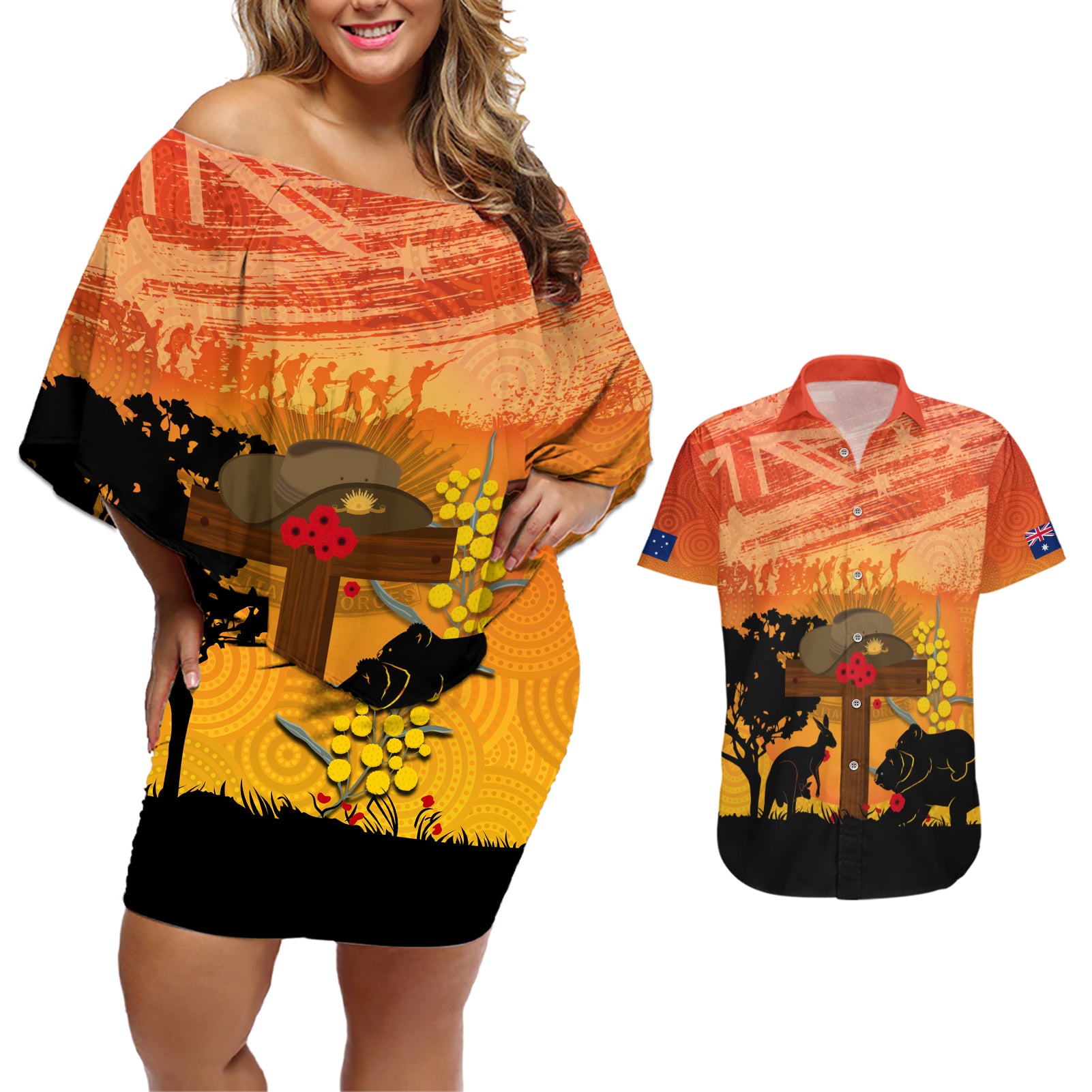 Australia ANZAC Day Couples Matching Off Shoulder Short Dress and Hawaiian Shirt Koala and Kangaroo Respect Aboriginal Pattern