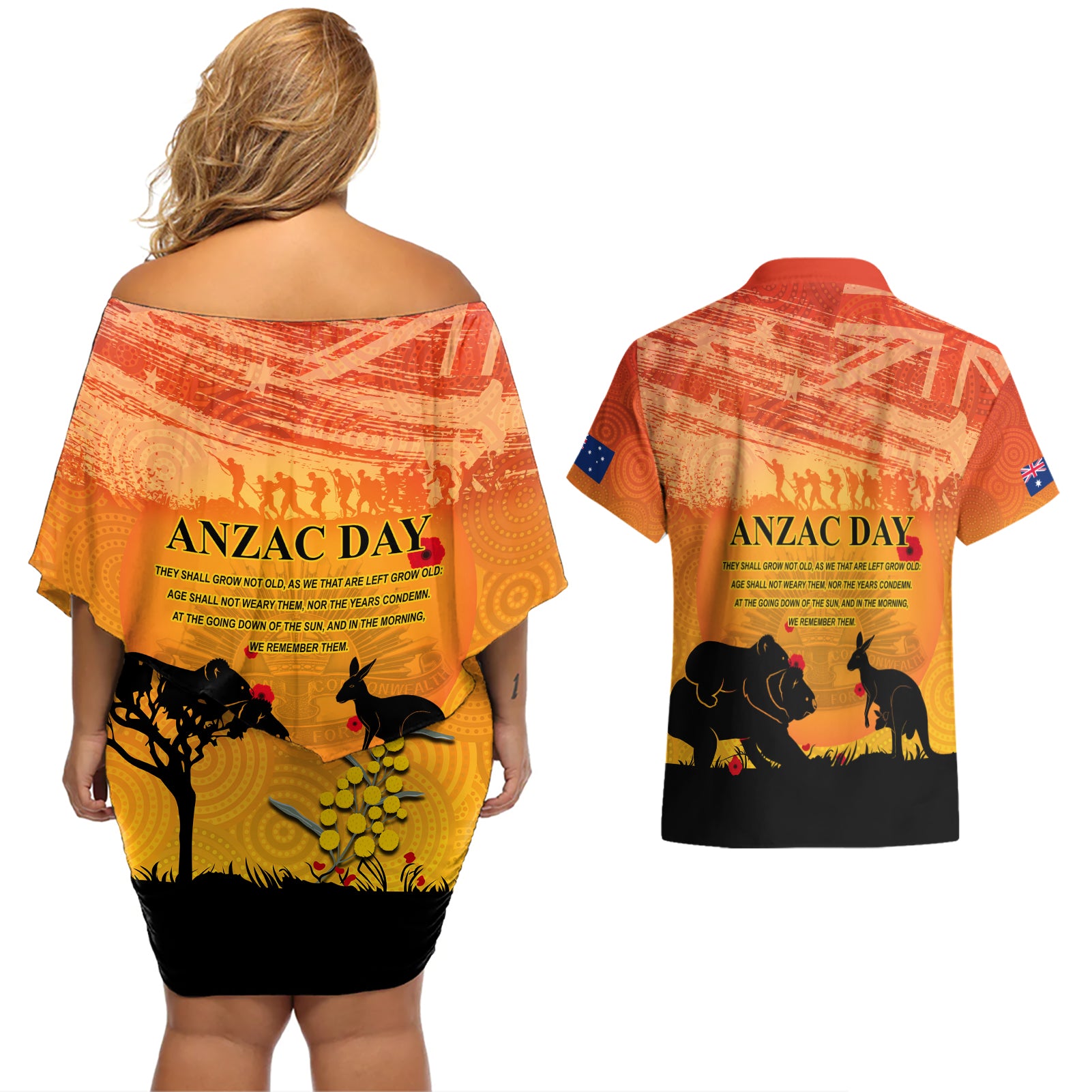 Australia ANZAC Day Couples Matching Off Shoulder Short Dress and Hawaiian Shirt Koala and Kangaroo Respect Aboriginal Pattern