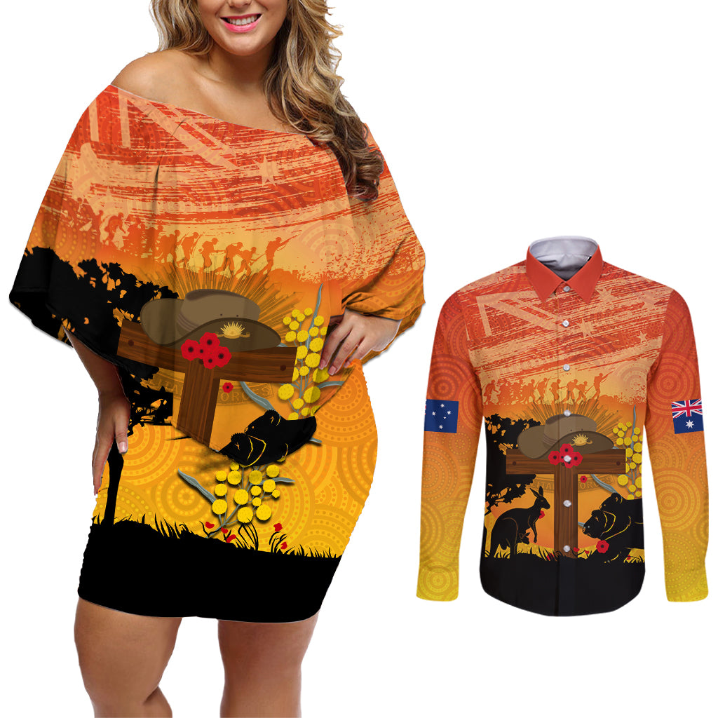 Australia ANZAC Day Couples Matching Off Shoulder Short Dress and Long Sleeve Button Shirt Koala and Kangaroo Respect Aboriginal Pattern
