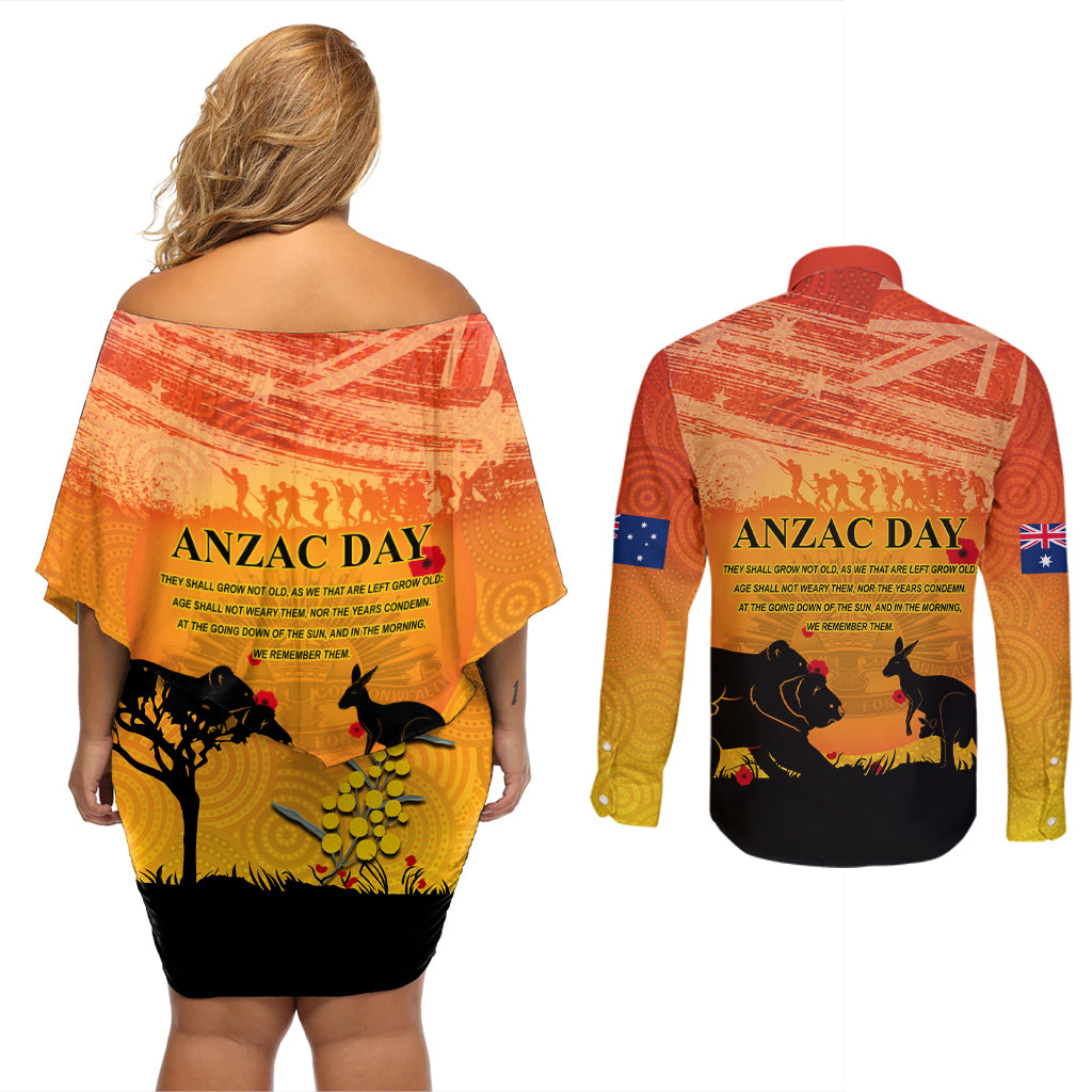 Australia ANZAC Day Couples Matching Off Shoulder Short Dress and Long Sleeve Button Shirt Koala and Kangaroo Respect Aboriginal Pattern