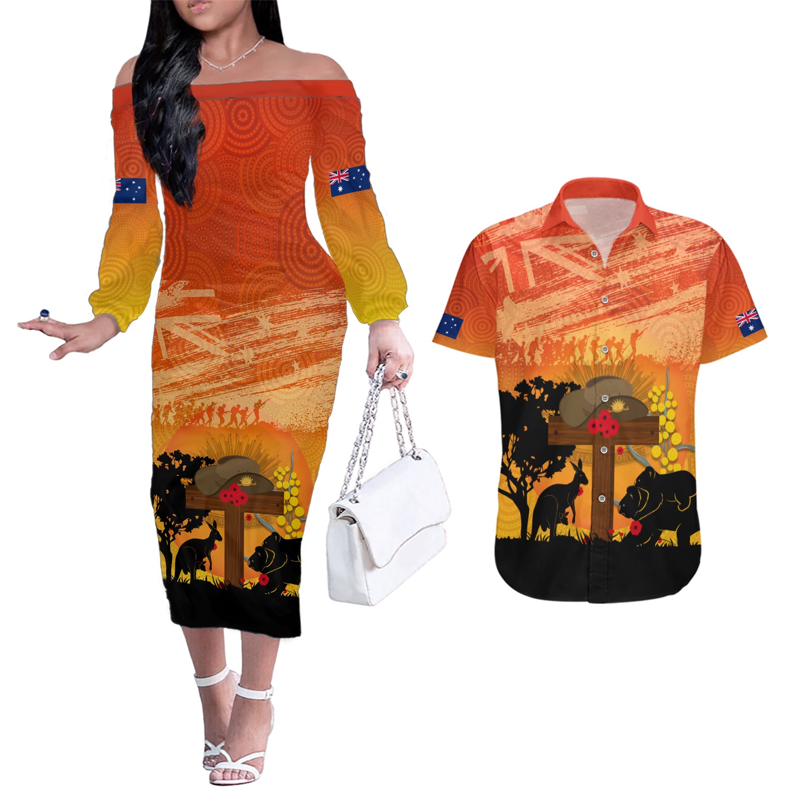 Australia ANZAC Day Couples Matching Off The Shoulder Long Sleeve Dress and Hawaiian Shirt Koala and Kangaroo Respect Aboriginal Pattern