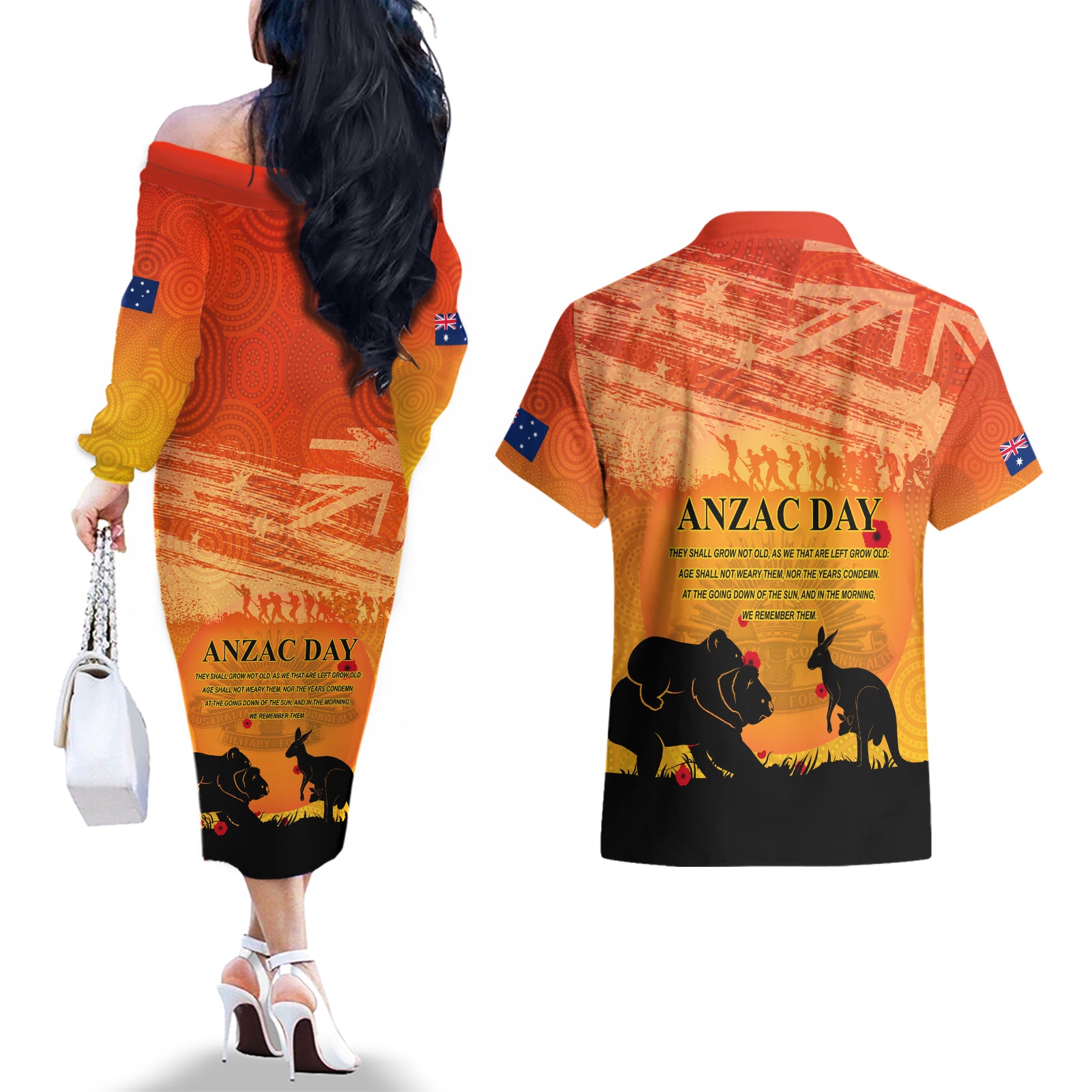Australia ANZAC Day Couples Matching Off The Shoulder Long Sleeve Dress and Hawaiian Shirt Koala and Kangaroo Respect Aboriginal Pattern