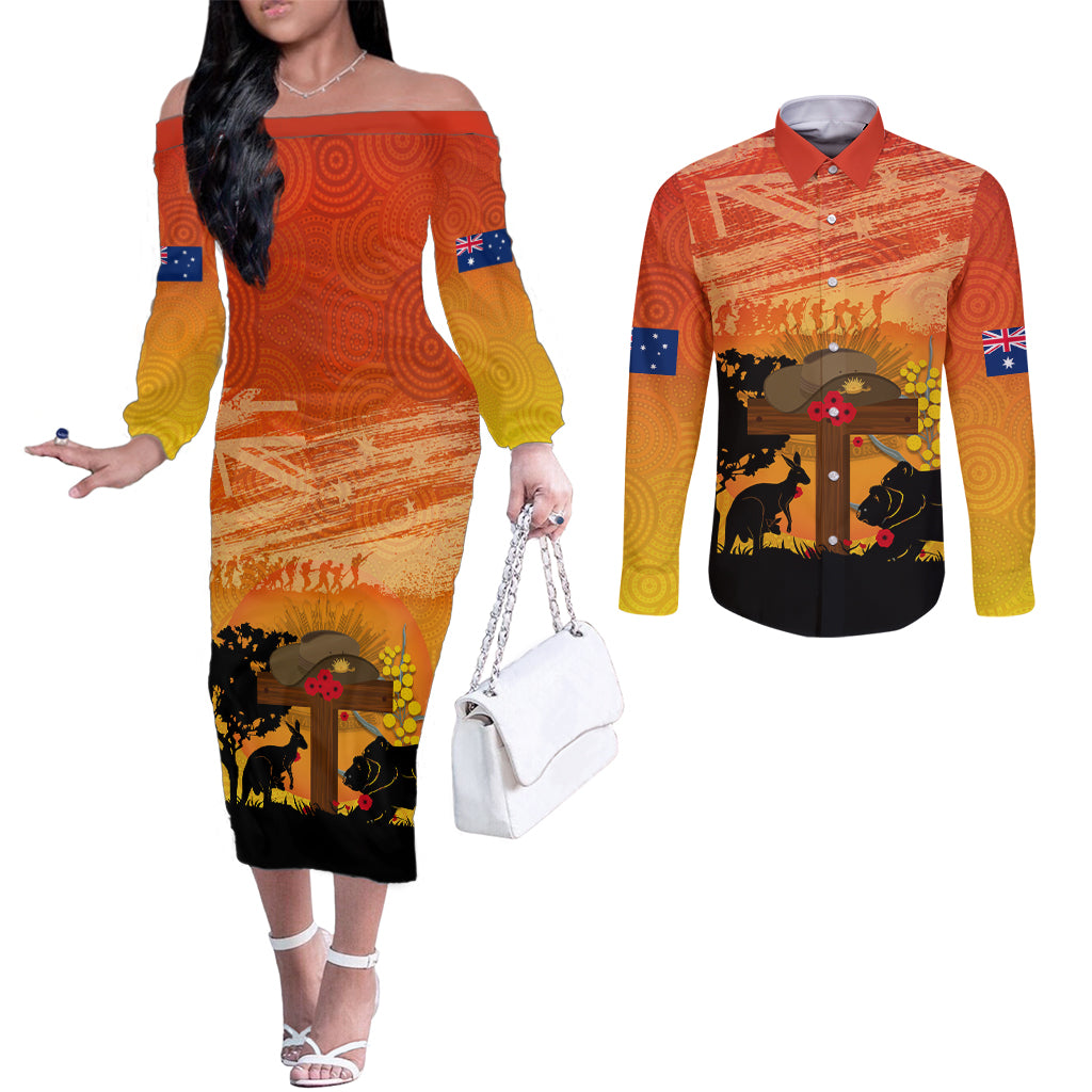 Australia ANZAC Day Couples Matching Off The Shoulder Long Sleeve Dress and Long Sleeve Button Shirt Koala and Kangaroo Respect Aboriginal Pattern