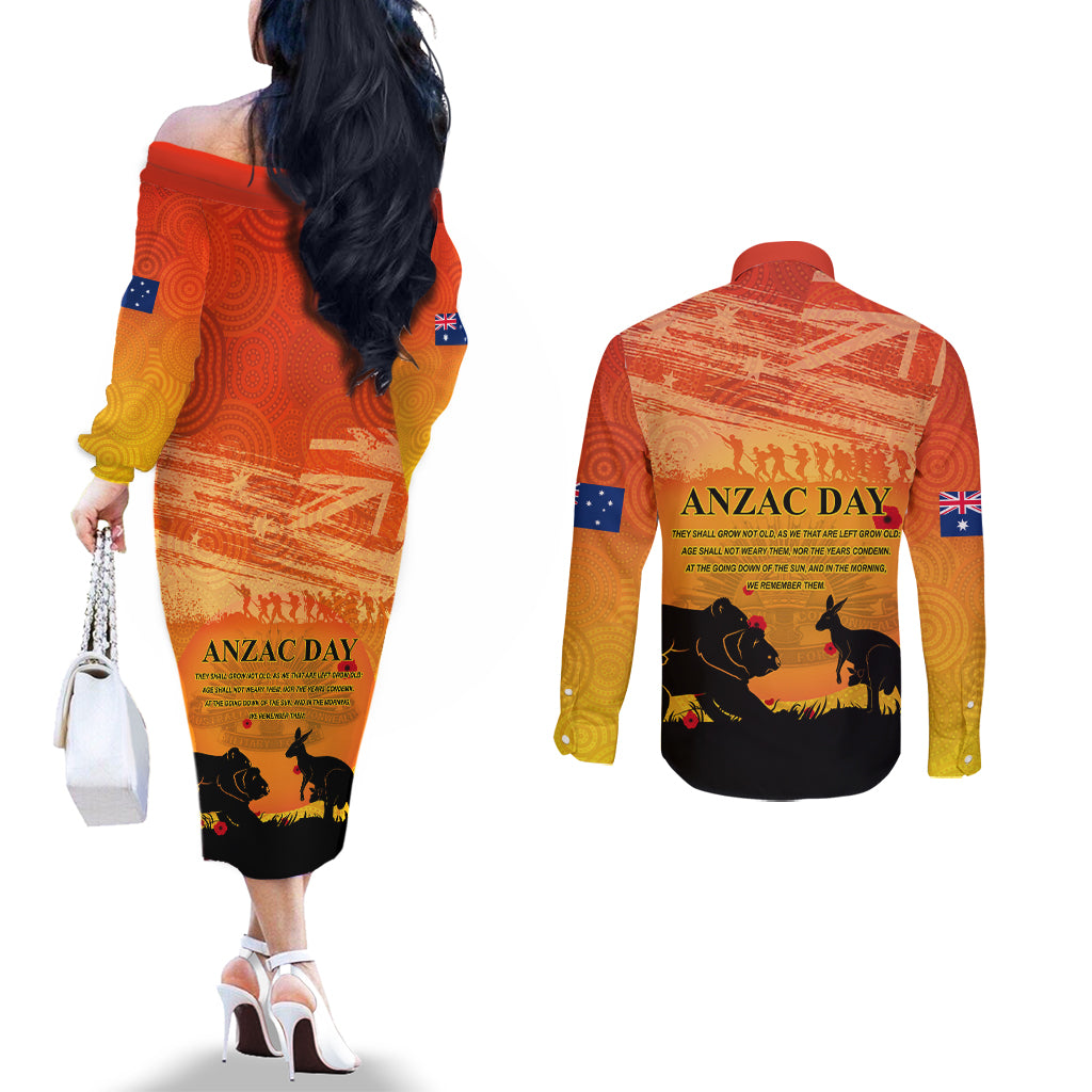 Australia ANZAC Day Couples Matching Off The Shoulder Long Sleeve Dress and Long Sleeve Button Shirt Koala and Kangaroo Respect Aboriginal Pattern