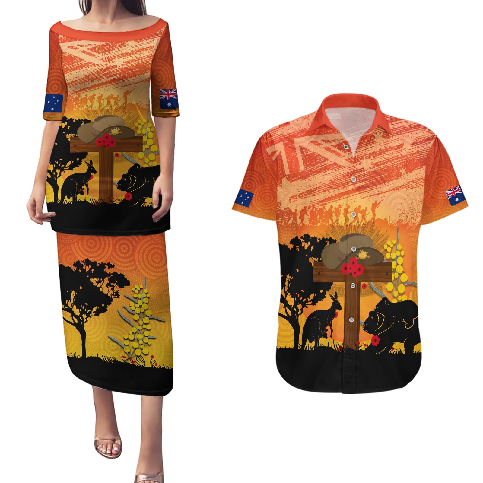 Australia ANZAC Day Couples Matching Puletasi and Hawaiian Shirt Koala and Kangaroo Respect Aboriginal Pattern