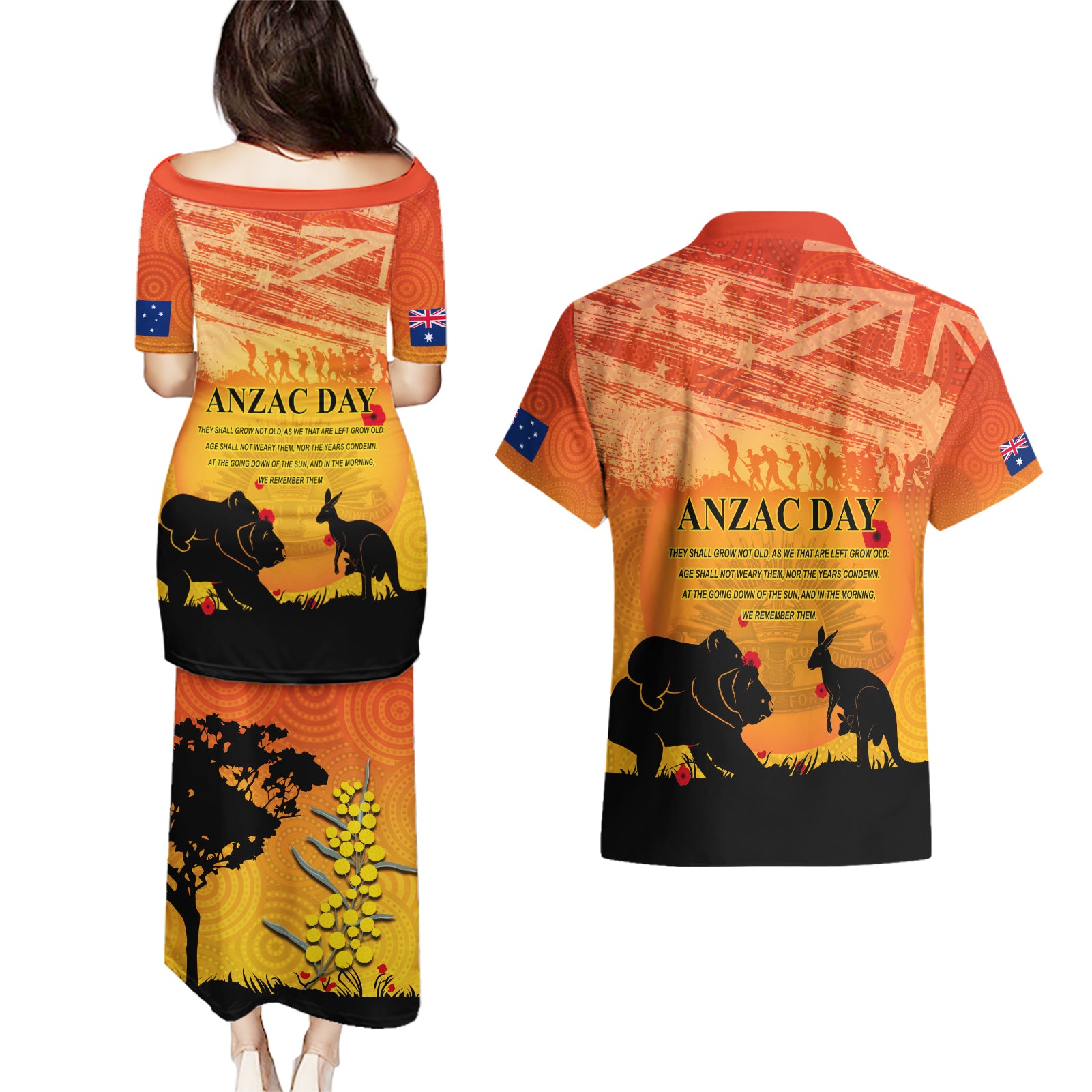 Australia ANZAC Day Couples Matching Puletasi and Hawaiian Shirt Koala and Kangaroo Respect Aboriginal Pattern