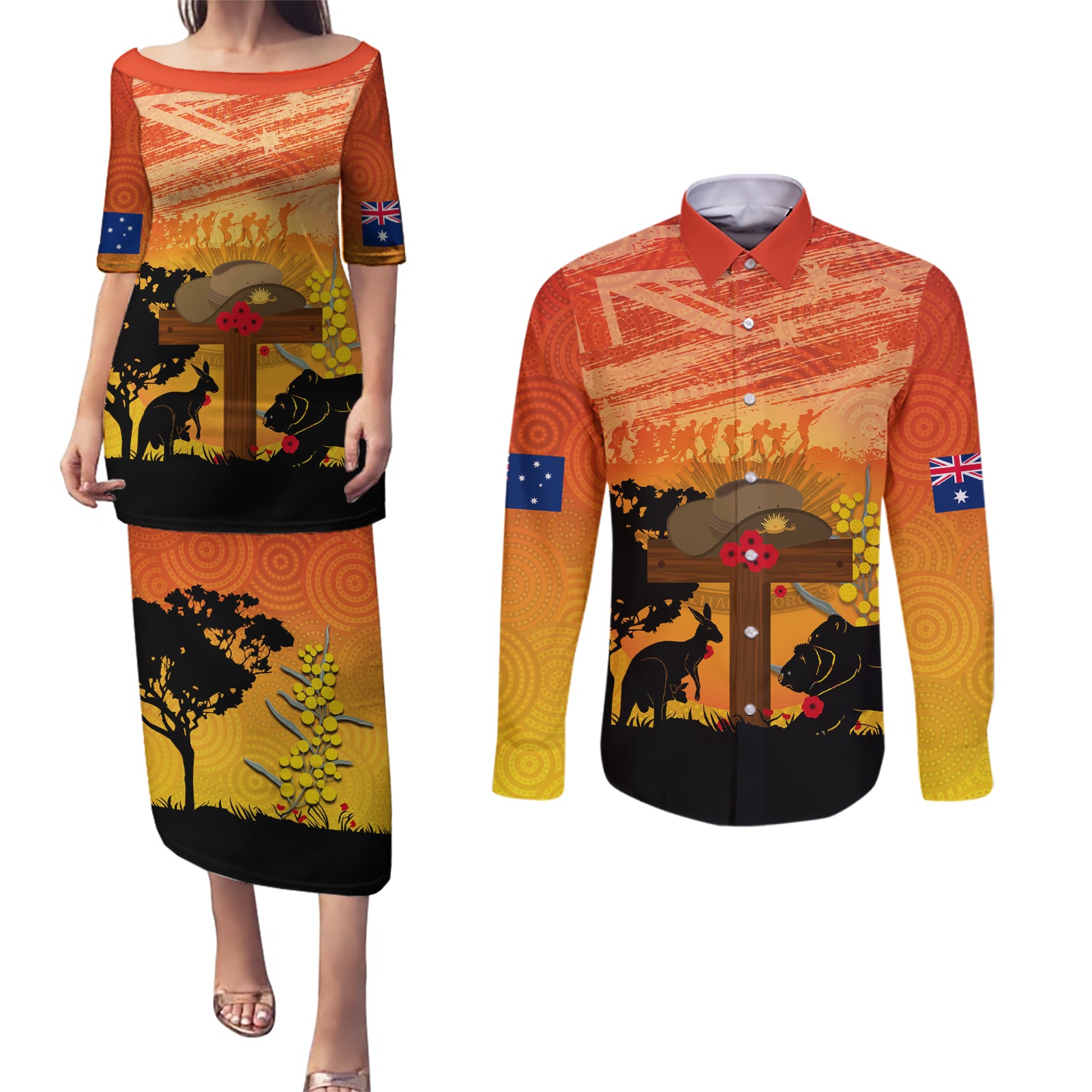 Australia ANZAC Day Couples Matching Puletasi and Long Sleeve Button Shirt Koala and Kangaroo Respect Aboriginal Pattern