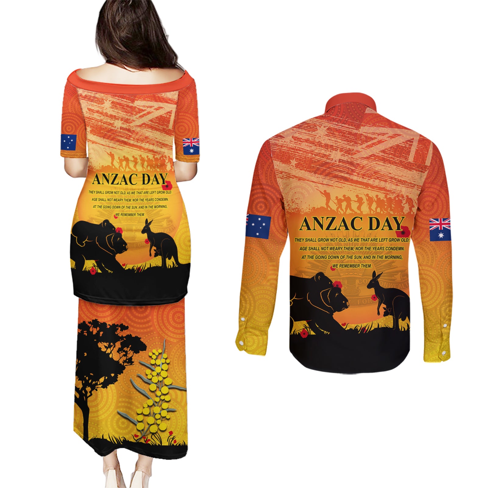 Australia ANZAC Day Couples Matching Puletasi and Long Sleeve Button Shirt Koala and Kangaroo Respect Aboriginal Pattern