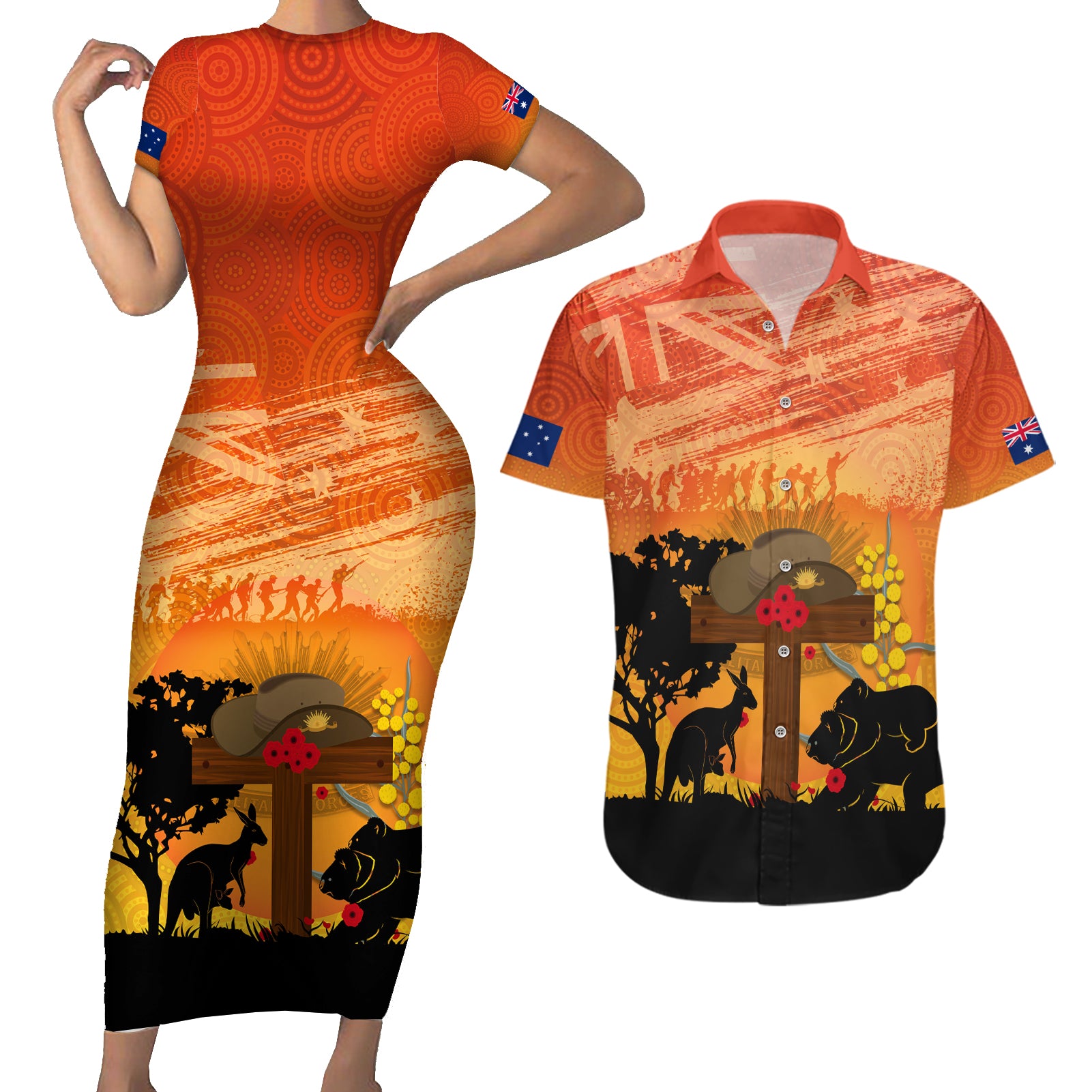 Australia ANZAC Day Couples Matching Short Sleeve Bodycon Dress and Hawaiian Shirt Koala and Kangaroo Respect Aboriginal Pattern
