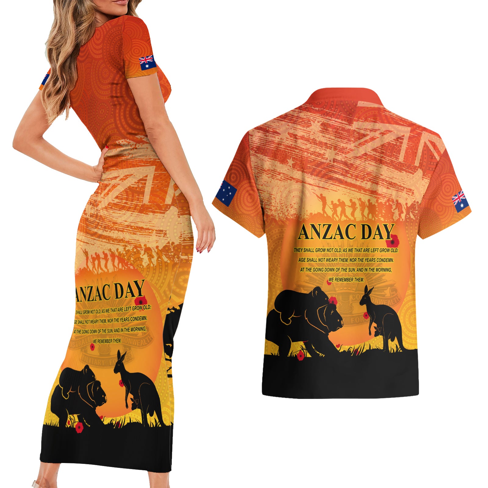 Australia ANZAC Day Couples Matching Short Sleeve Bodycon Dress and Hawaiian Shirt Koala and Kangaroo Respect Aboriginal Pattern