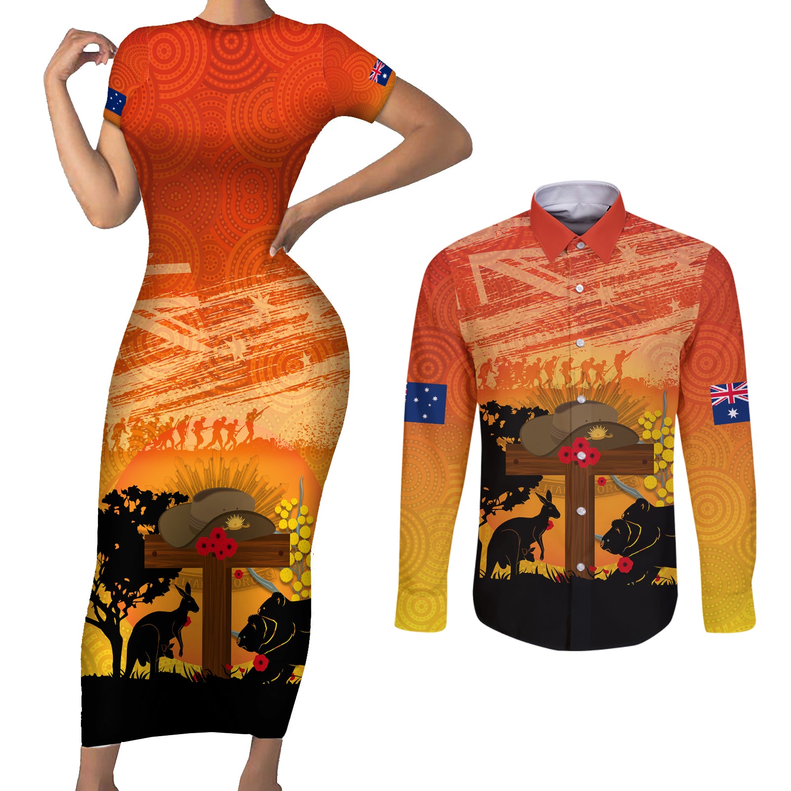 Australia ANZAC Day Couples Matching Short Sleeve Bodycon Dress and Long Sleeve Button Shirt Koala and Kangaroo Respect Aboriginal Pattern
