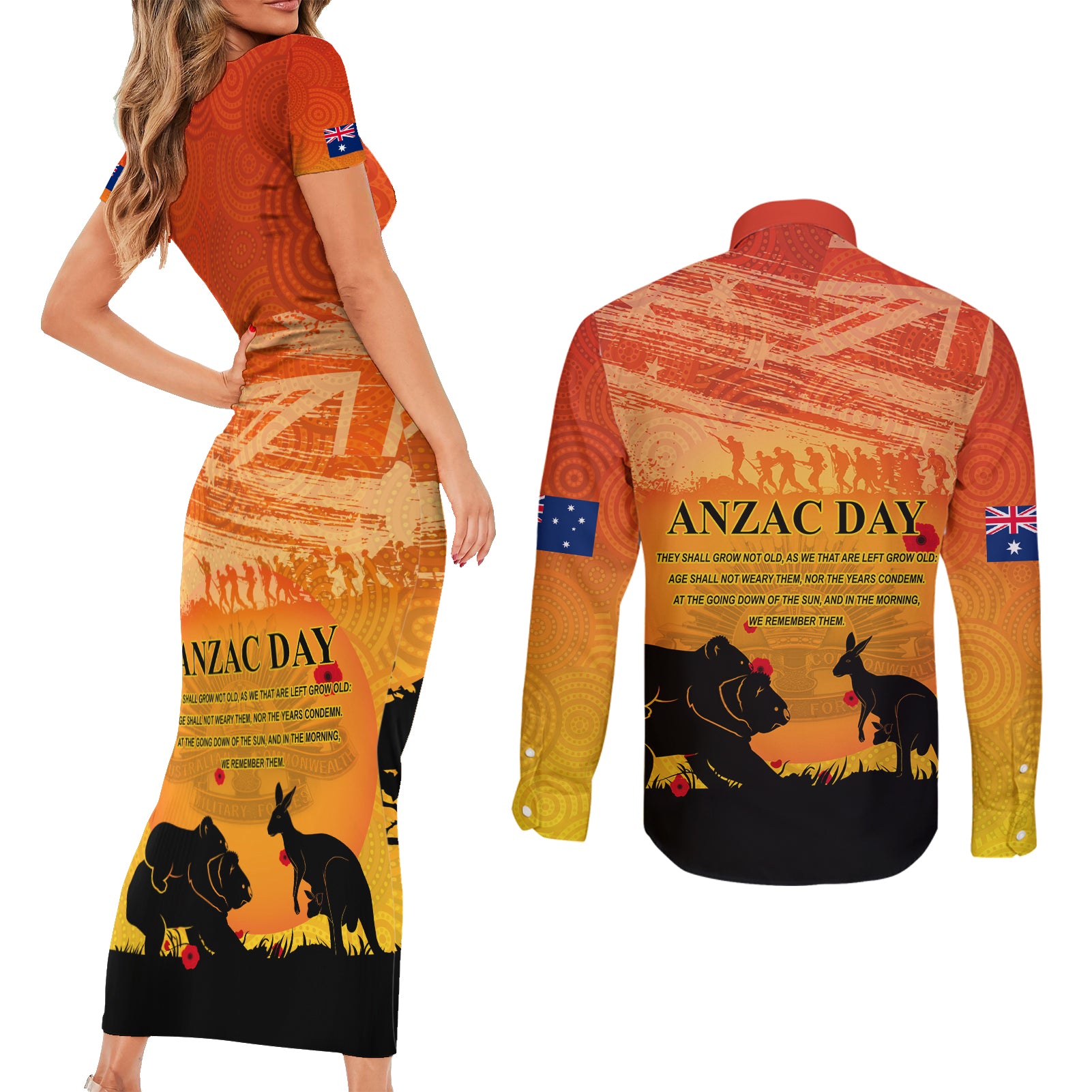 Australia ANZAC Day Couples Matching Short Sleeve Bodycon Dress and Long Sleeve Button Shirt Koala and Kangaroo Respect Aboriginal Pattern