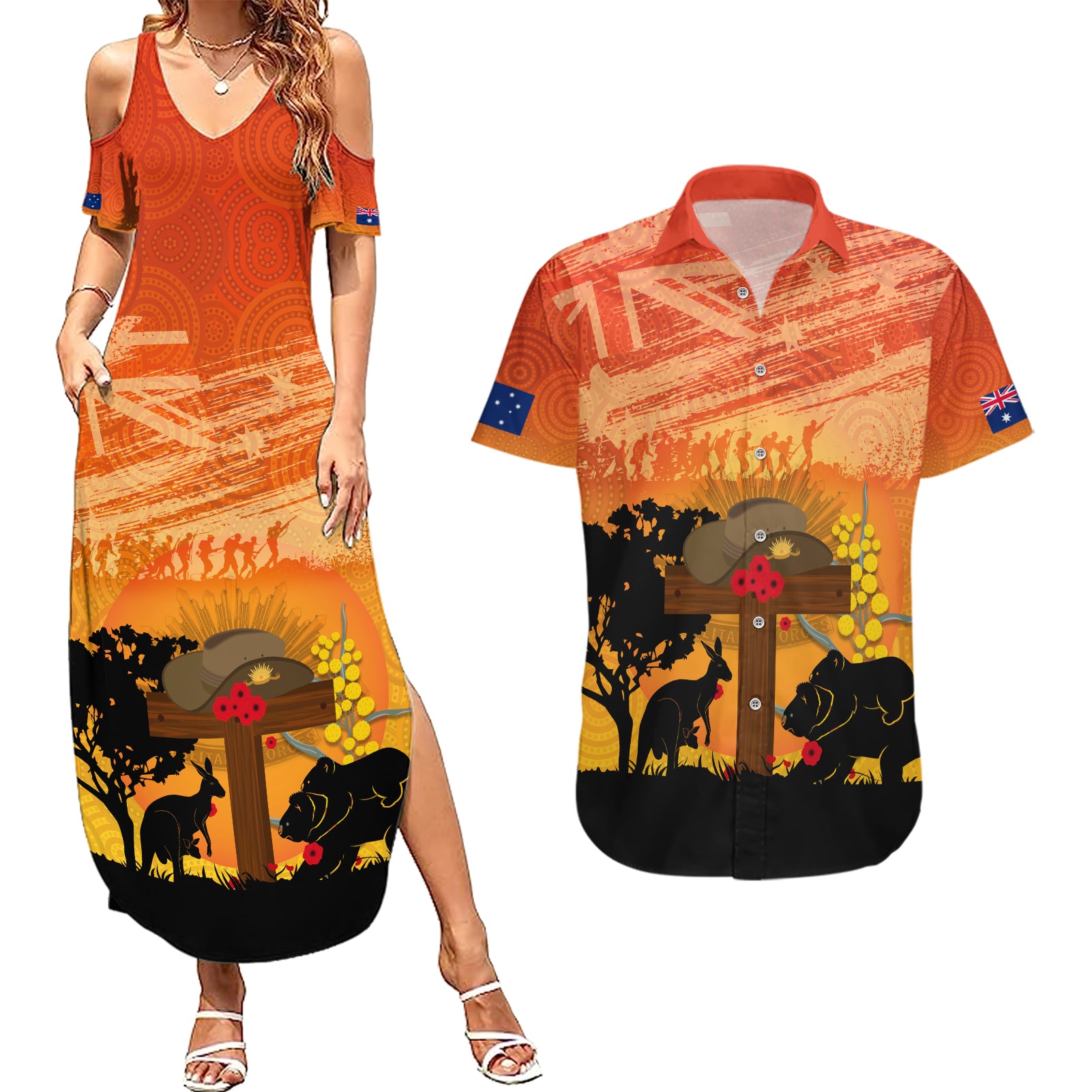 Australia ANZAC Day Couples Matching Summer Maxi Dress and Hawaiian Shirt Koala and Kangaroo Respect Aboriginal Pattern