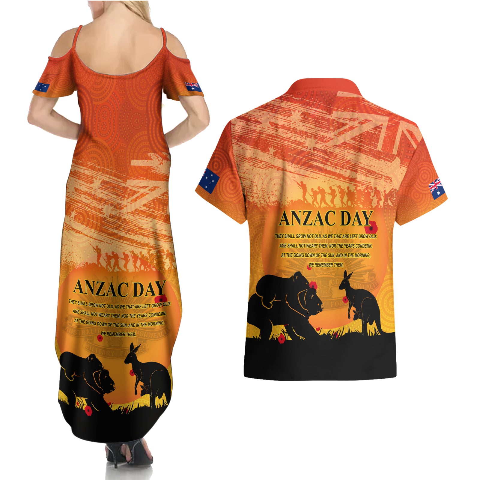 Australia ANZAC Day Couples Matching Summer Maxi Dress and Hawaiian Shirt Koala and Kangaroo Respect Aboriginal Pattern