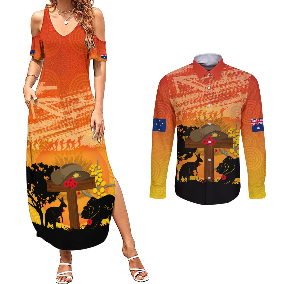 Australia ANZAC Day Couples Matching Summer Maxi Dress and Long Sleeve Button Shirt Koala and Kangaroo Respect Aboriginal Pattern
