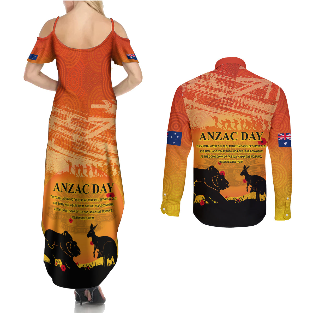 Australia ANZAC Day Couples Matching Summer Maxi Dress and Long Sleeve Button Shirt Koala and Kangaroo Respect Aboriginal Pattern