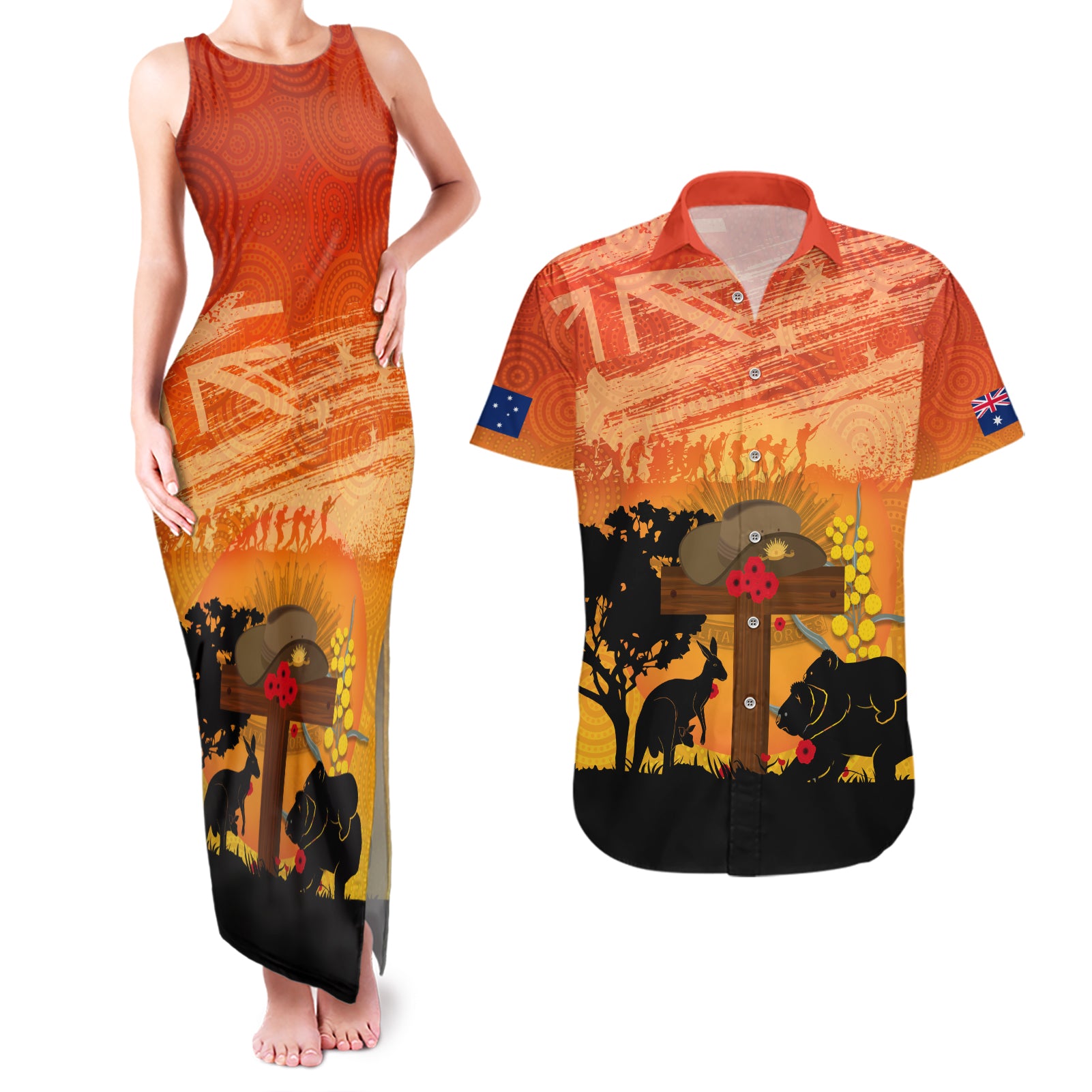 Australia ANZAC Day Couples Matching Tank Maxi Dress and Hawaiian Shirt Koala and Kangaroo Respect Aboriginal Pattern