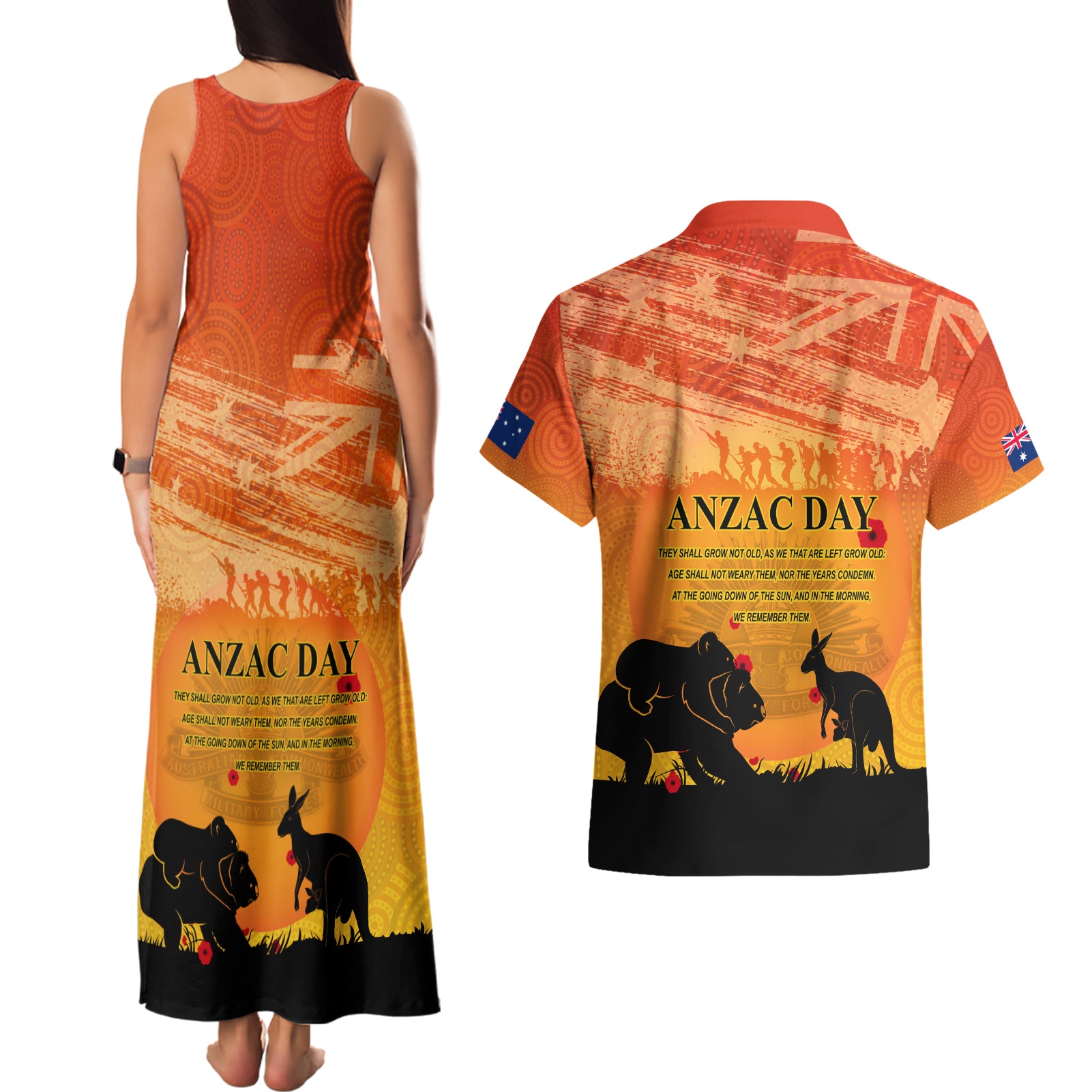 Australia ANZAC Day Couples Matching Tank Maxi Dress and Hawaiian Shirt Koala and Kangaroo Respect Aboriginal Pattern