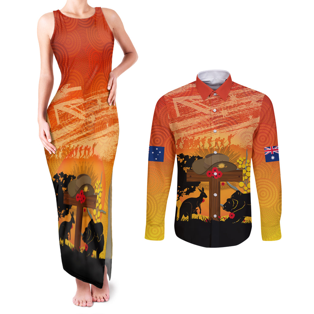 Australia ANZAC Day Couples Matching Tank Maxi Dress and Long Sleeve Button Shirt Koala and Kangaroo Respect Aboriginal Pattern