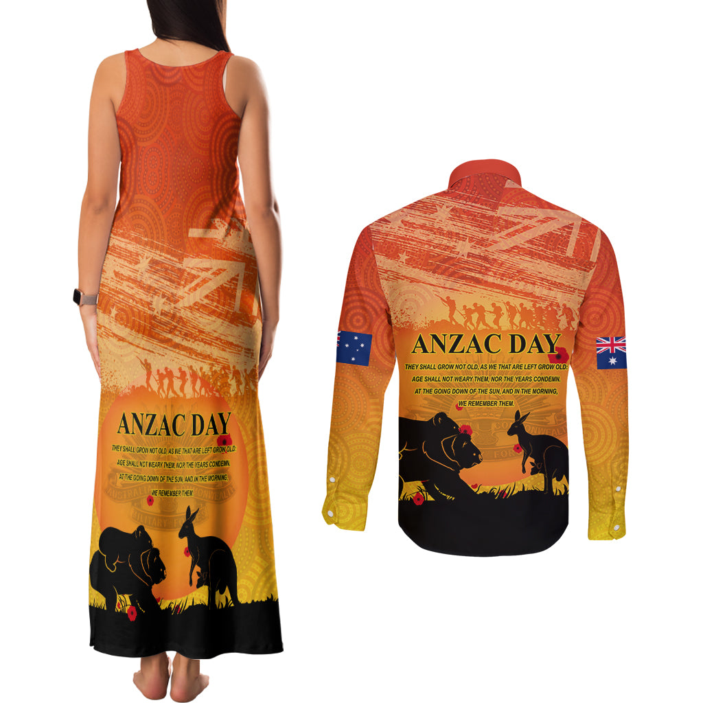 Australia ANZAC Day Couples Matching Tank Maxi Dress and Long Sleeve Button Shirt Koala and Kangaroo Respect Aboriginal Pattern