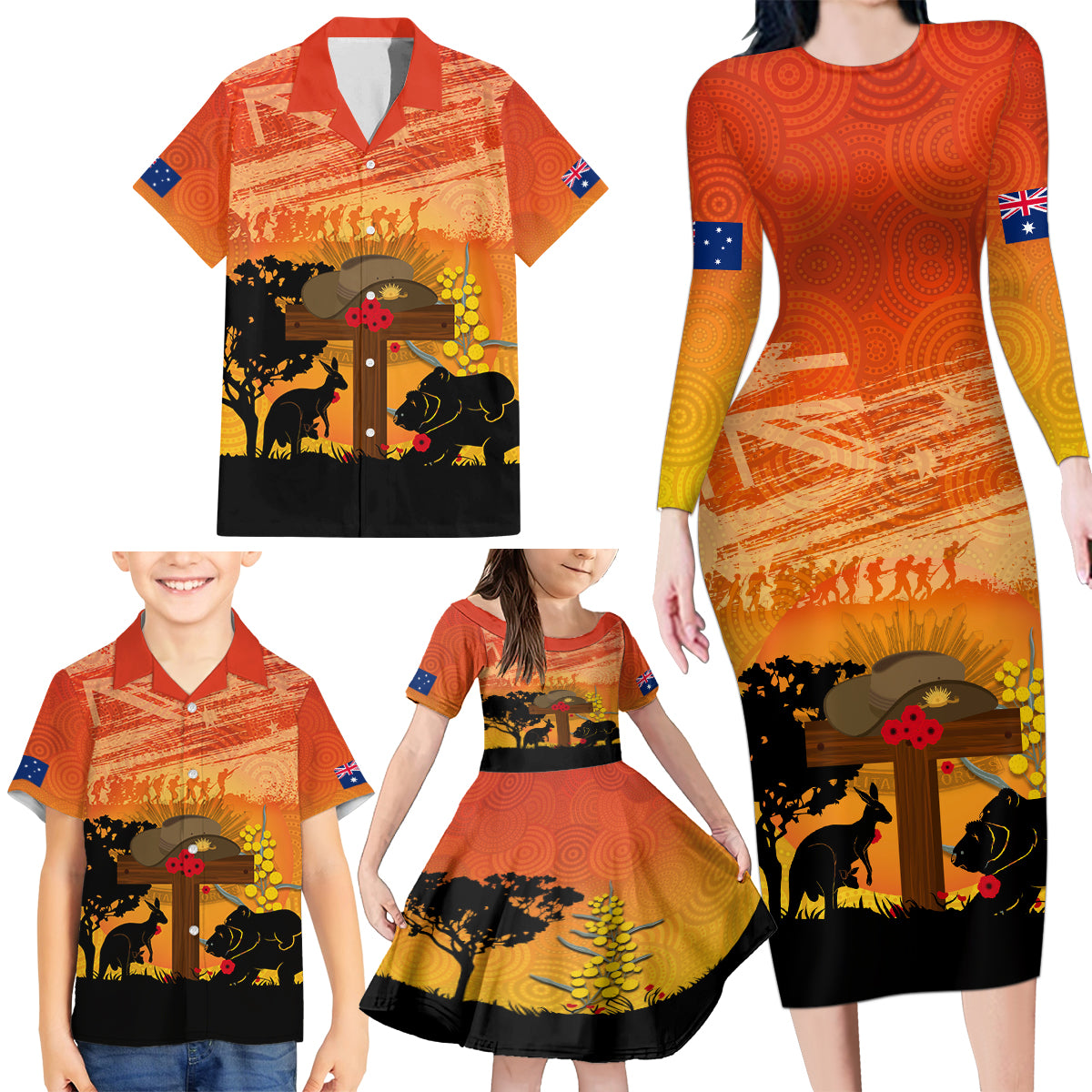Australia ANZAC Day Family Matching Long Sleeve Bodycon Dress and Hawaiian Shirt Koala and Kangaroo Respect Aboriginal Pattern