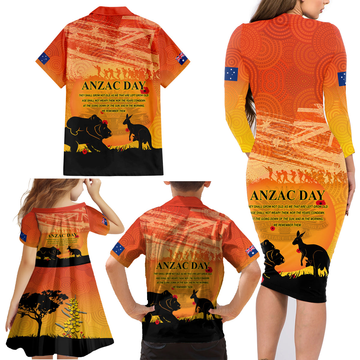 Australia ANZAC Day Family Matching Long Sleeve Bodycon Dress and Hawaiian Shirt Koala and Kangaroo Respect Aboriginal Pattern