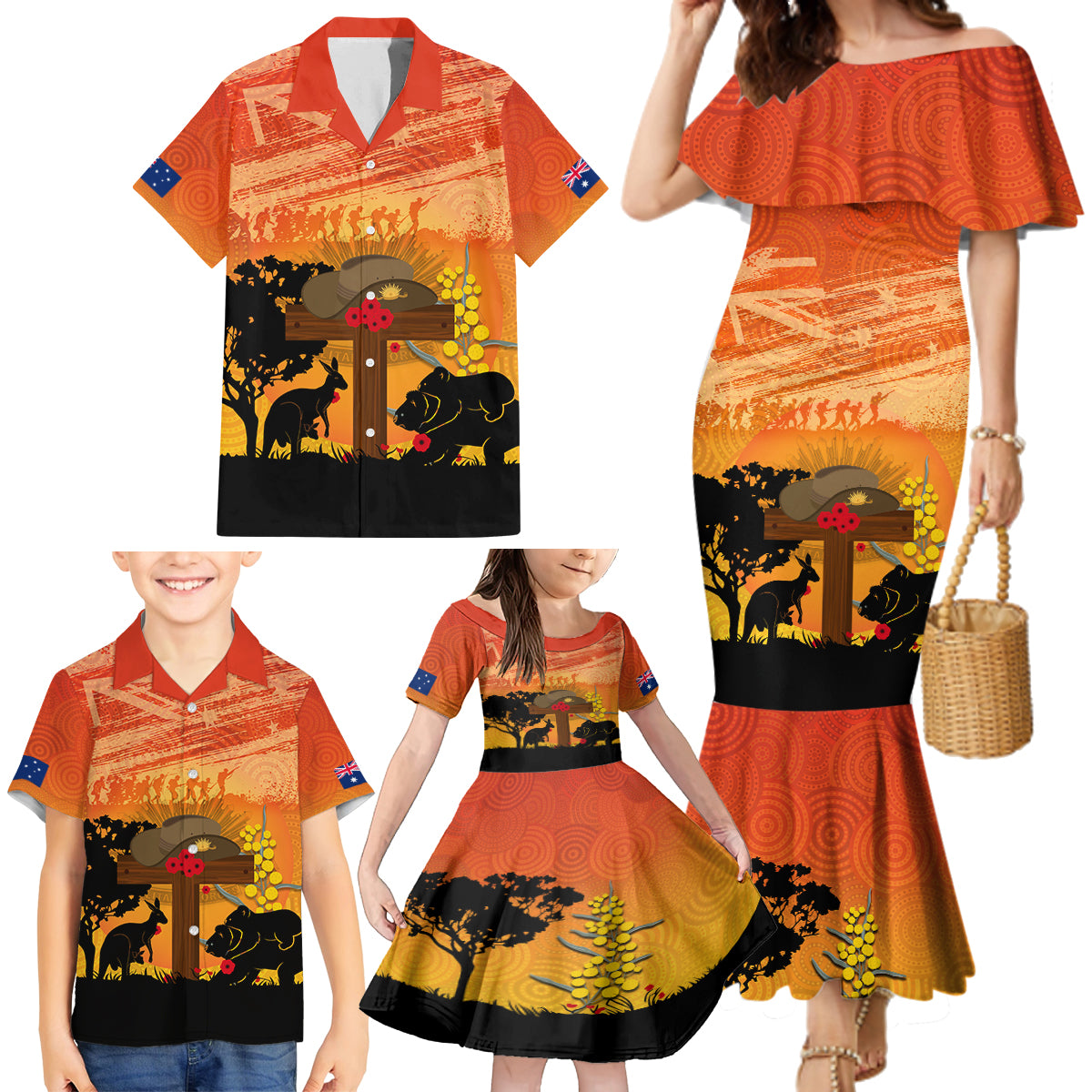 Australia ANZAC Day Family Matching Mermaid Dress and Hawaiian Shirt Koala and Kangaroo Respect Aboriginal Pattern