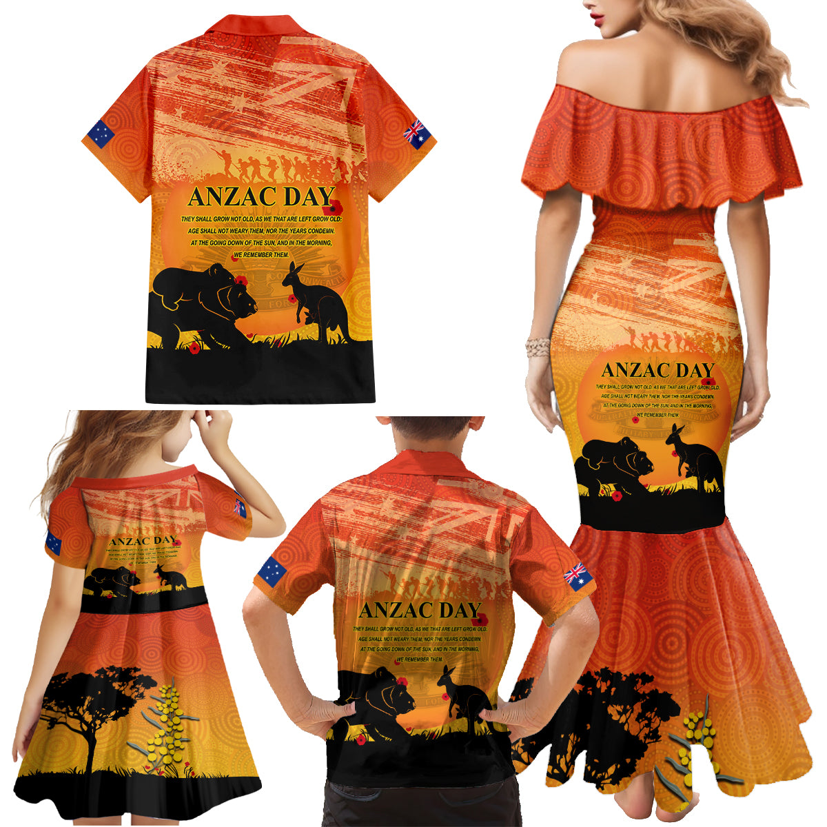 Australia ANZAC Day Family Matching Mermaid Dress and Hawaiian Shirt Koala and Kangaroo Respect Aboriginal Pattern