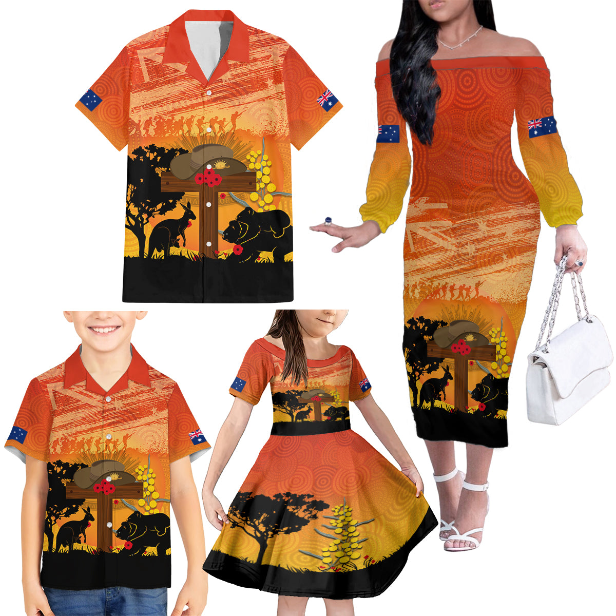 Australia ANZAC Day Family Matching Off The Shoulder Long Sleeve Dress and Hawaiian Shirt Koala and Kangaroo Respect Aboriginal Pattern