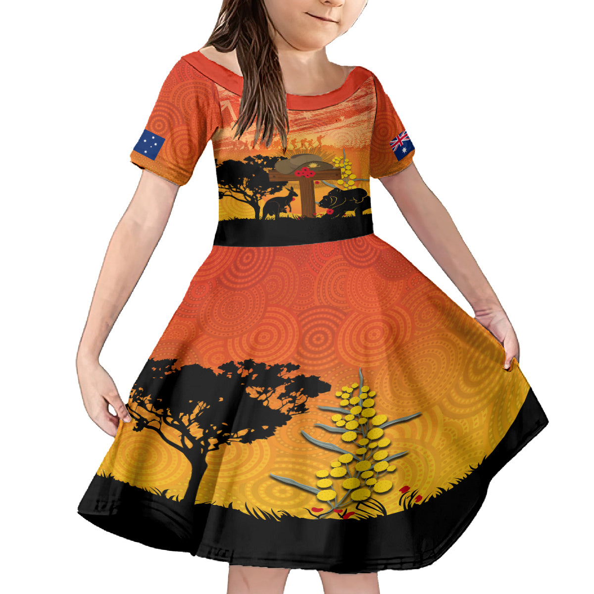 Australia ANZAC Day Family Matching Off The Shoulder Long Sleeve Dress and Hawaiian Shirt Koala and Kangaroo Respect Aboriginal Pattern