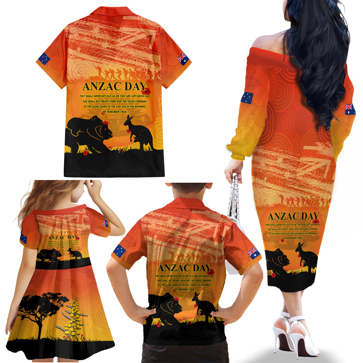 Australia ANZAC Day Family Matching Off The Shoulder Long Sleeve Dress and Hawaiian Shirt Koala and Kangaroo Respect Aboriginal Pattern