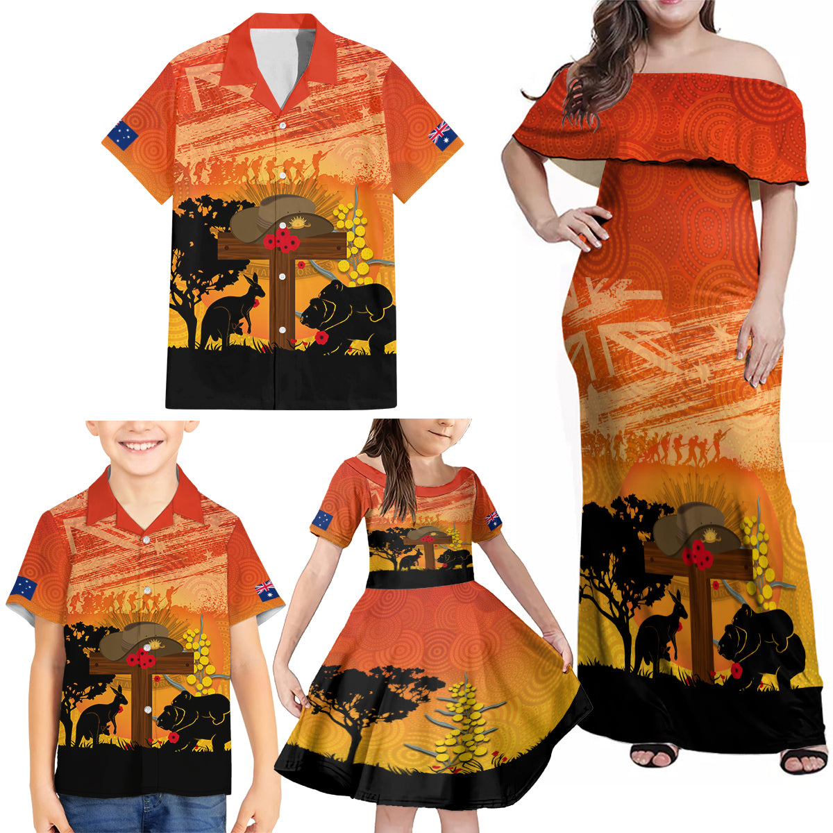 Australia ANZAC Day Family Matching Off Shoulder Maxi Dress and Hawaiian Shirt Koala and Kangaroo Respect Aboriginal Pattern