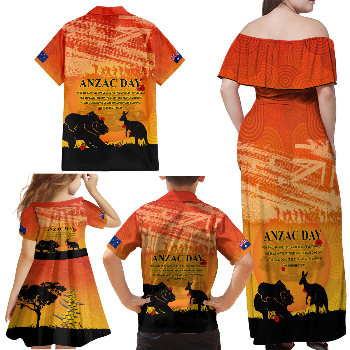 Australia ANZAC Day Family Matching Off Shoulder Maxi Dress and Hawaiian Shirt Koala and Kangaroo Respect Aboriginal Pattern
