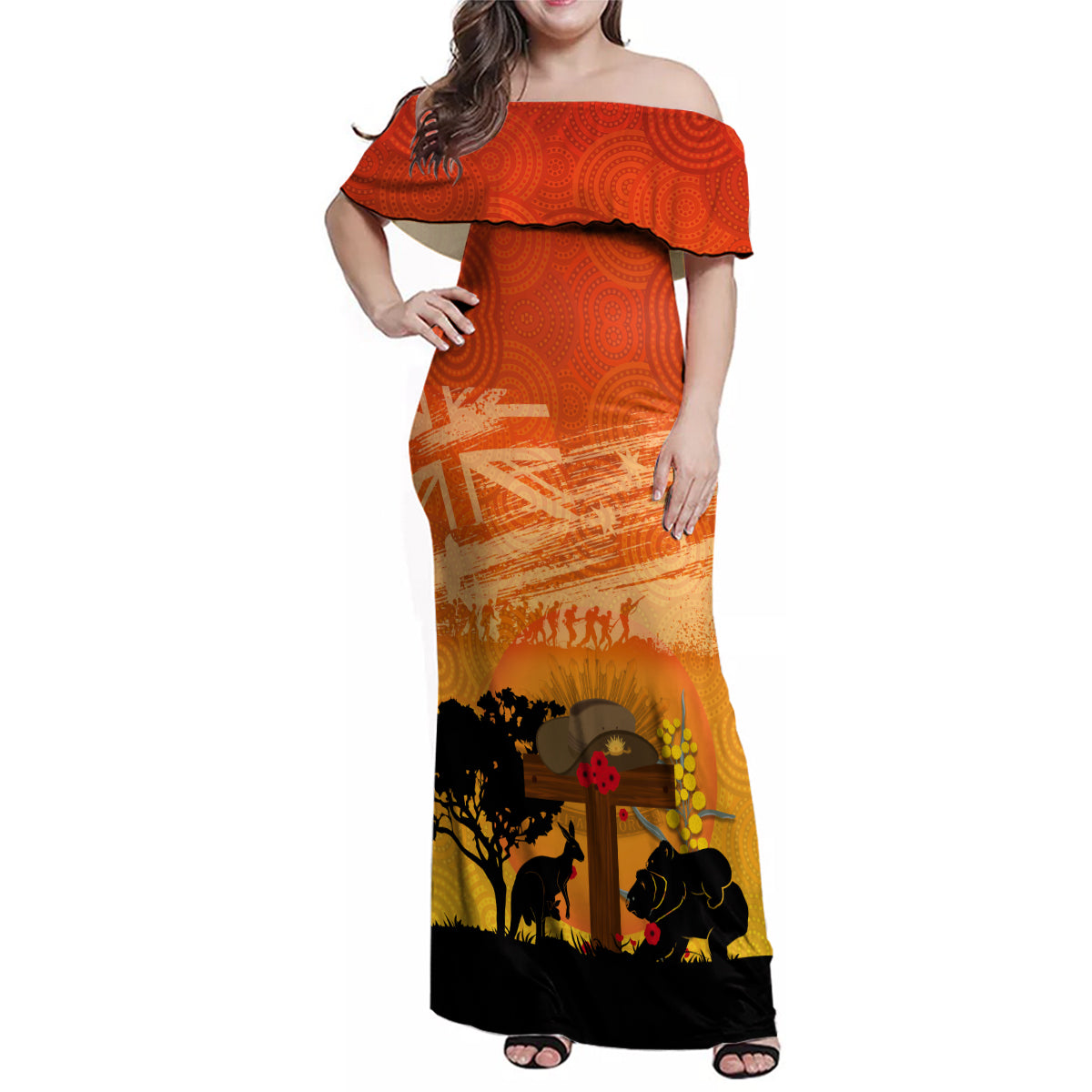 Australia ANZAC Day Family Matching Off Shoulder Maxi Dress and Hawaiian Shirt Koala and Kangaroo Respect Aboriginal Pattern