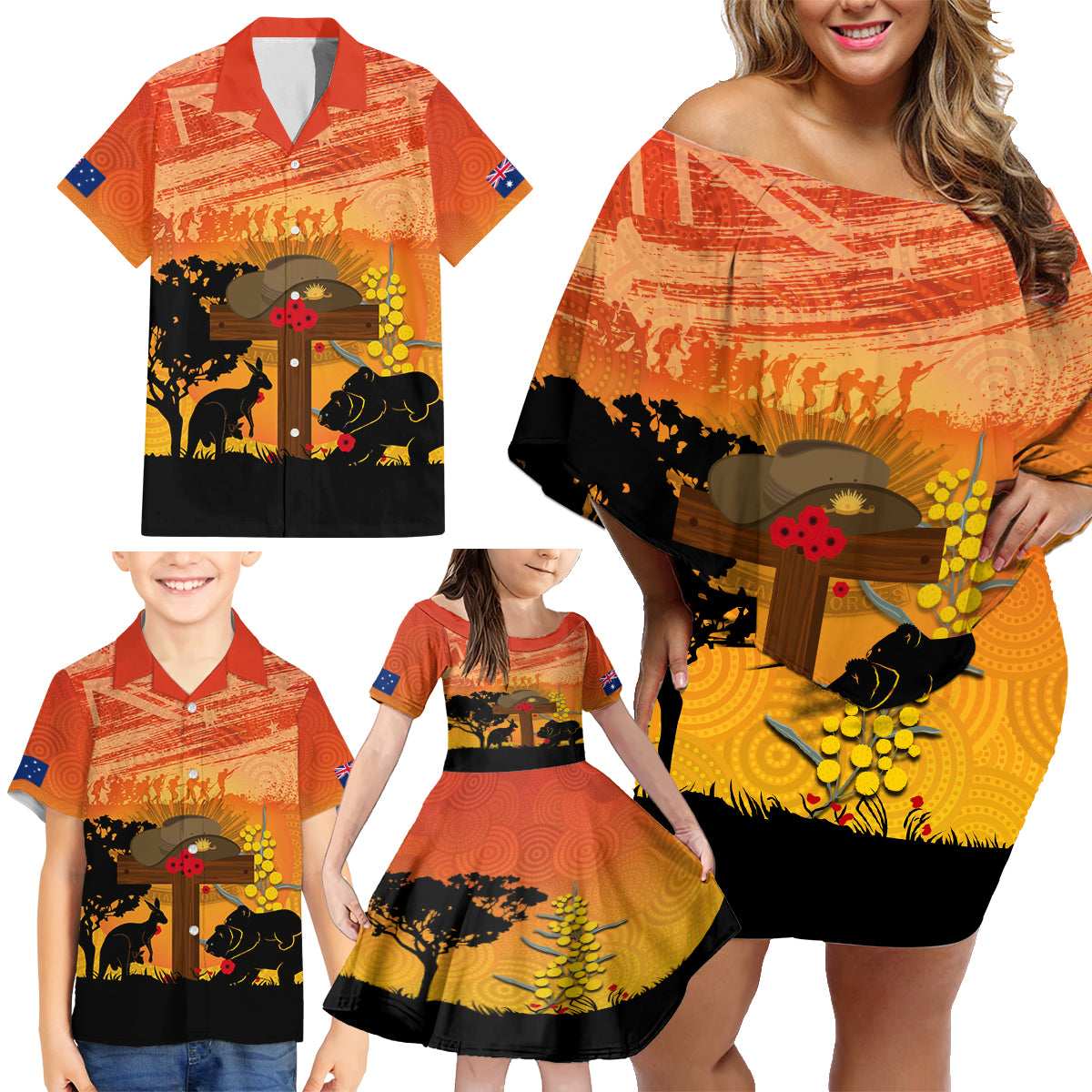 Australia ANZAC Day Family Matching Off Shoulder Short Dress and Hawaiian Shirt Koala and Kangaroo Respect Aboriginal Pattern