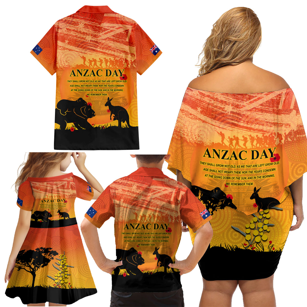 Australia ANZAC Day Family Matching Off Shoulder Short Dress and Hawaiian Shirt Koala and Kangaroo Respect Aboriginal Pattern